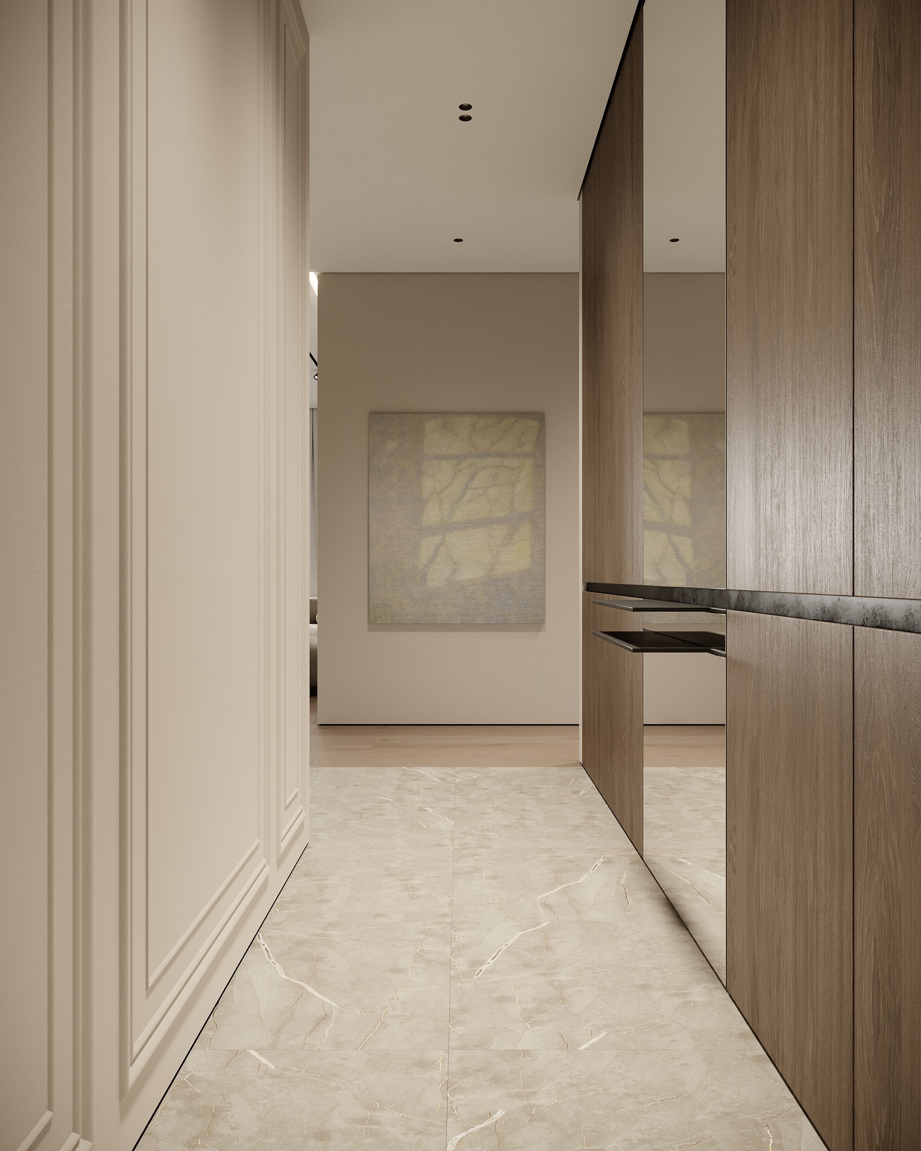 Minimalist hallway with marble flooring, wooden wall panels, and contemporary artwork.