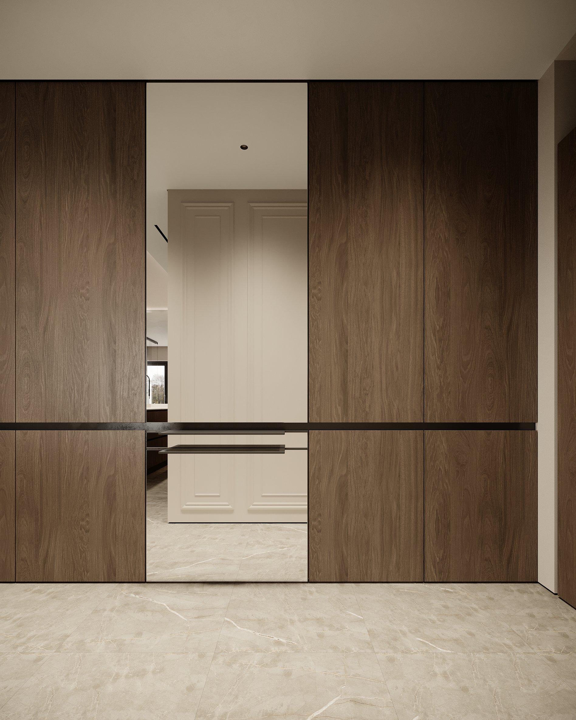 Modern storage solution with wooden panels and integrated mirror design.