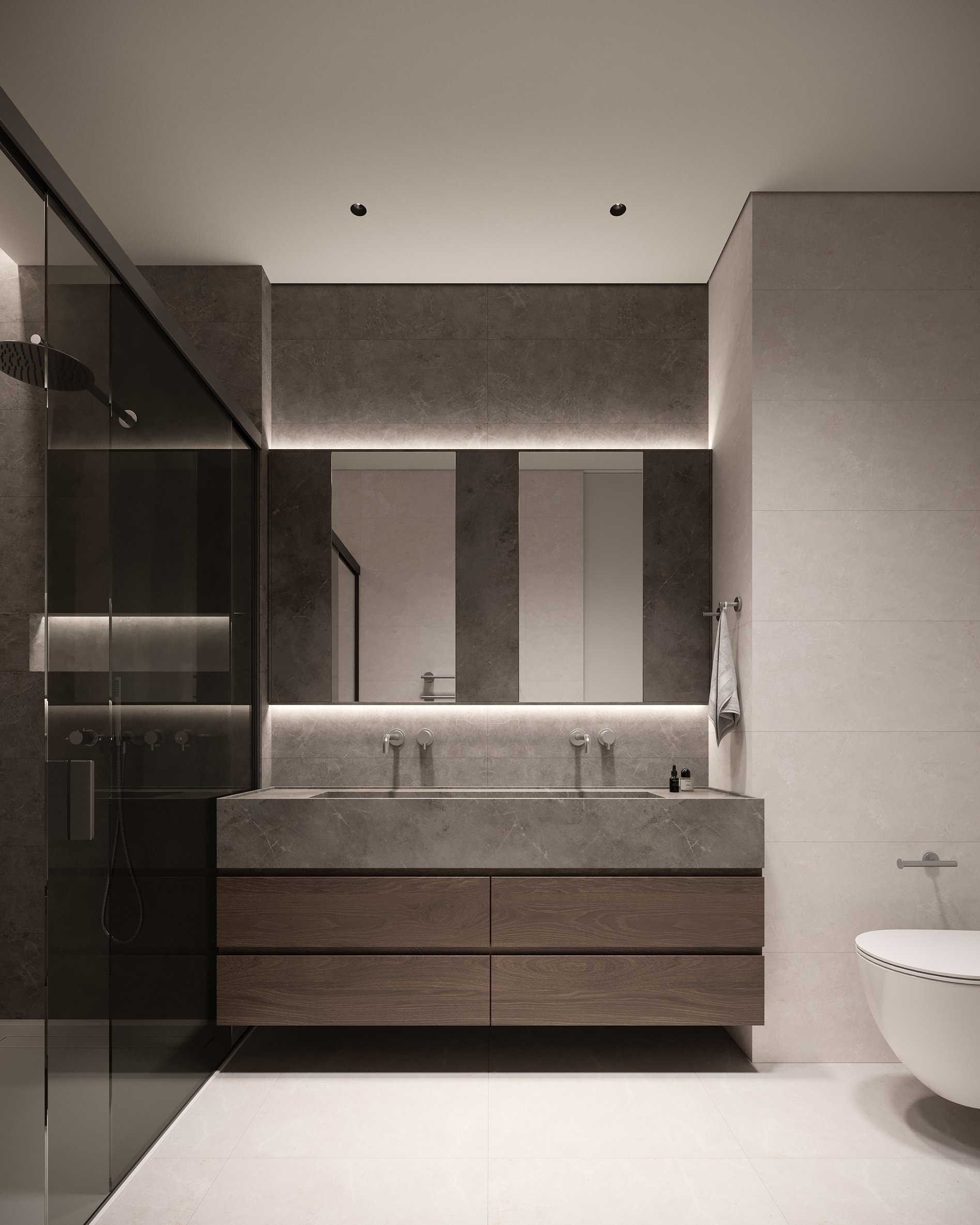 Contemporary bathroom featuring a floating double vanity with wooden drawers, marble countertop, and glass shower enclosure with matte black fixtures.