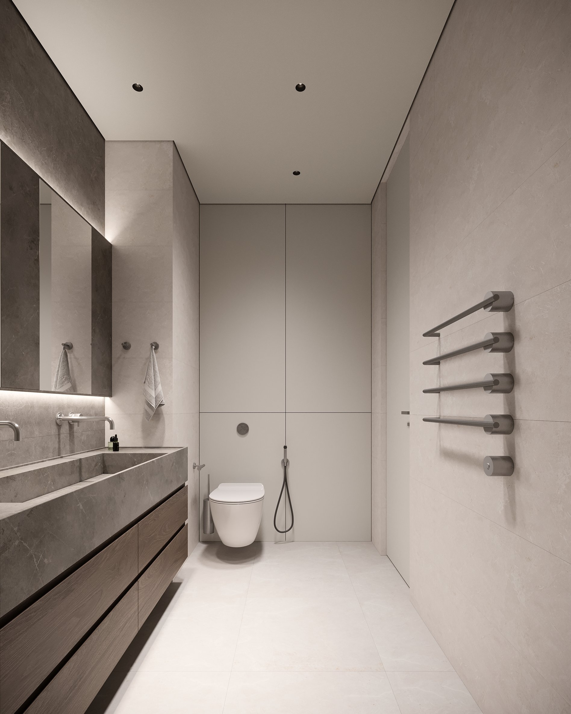 Minimalist bathroom with wall-mounted toilet, marble sink vanity with wooden storage, and modern towel warming rack.