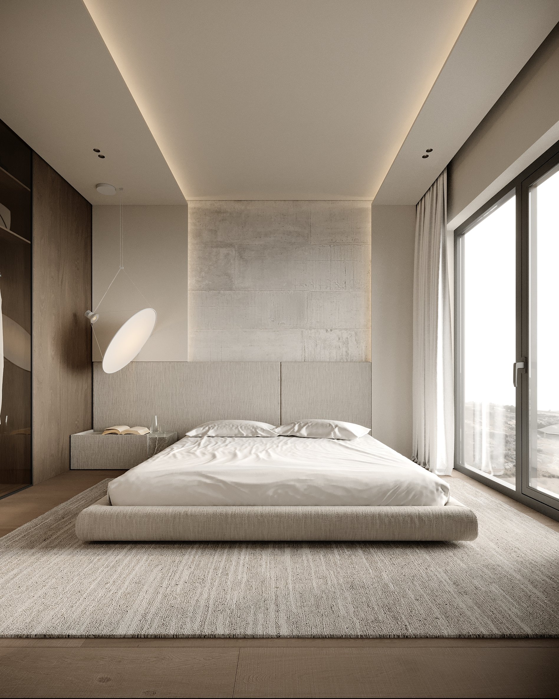 Modern master bedroom with upholstered platform bed, concrete accent wall, designer pendant light, and floor-to-ceiling windows.