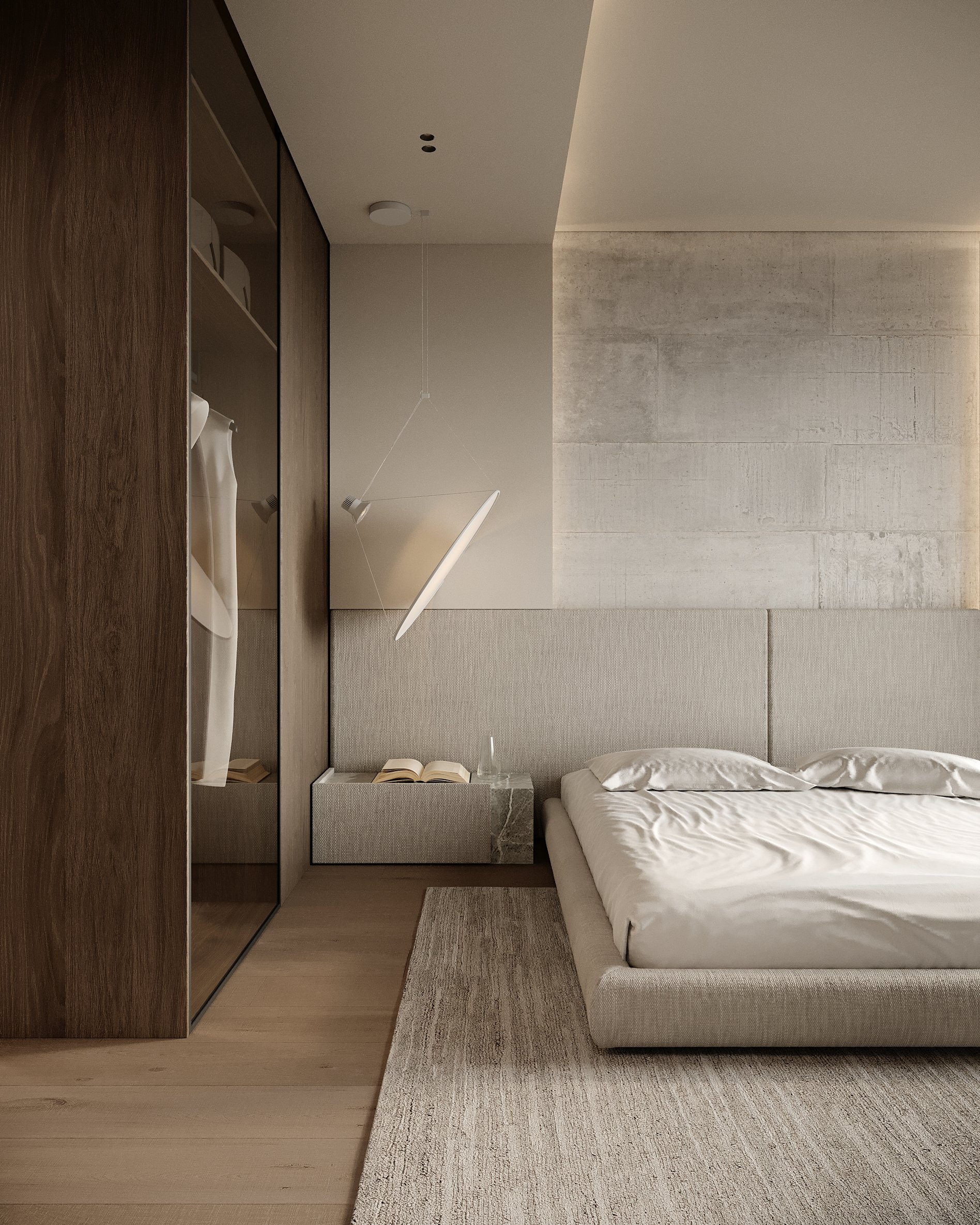 Contemporary bedroom featuring built-in wooden wardrobes, upholstered bed with integrated side table, and geometric pendant light.