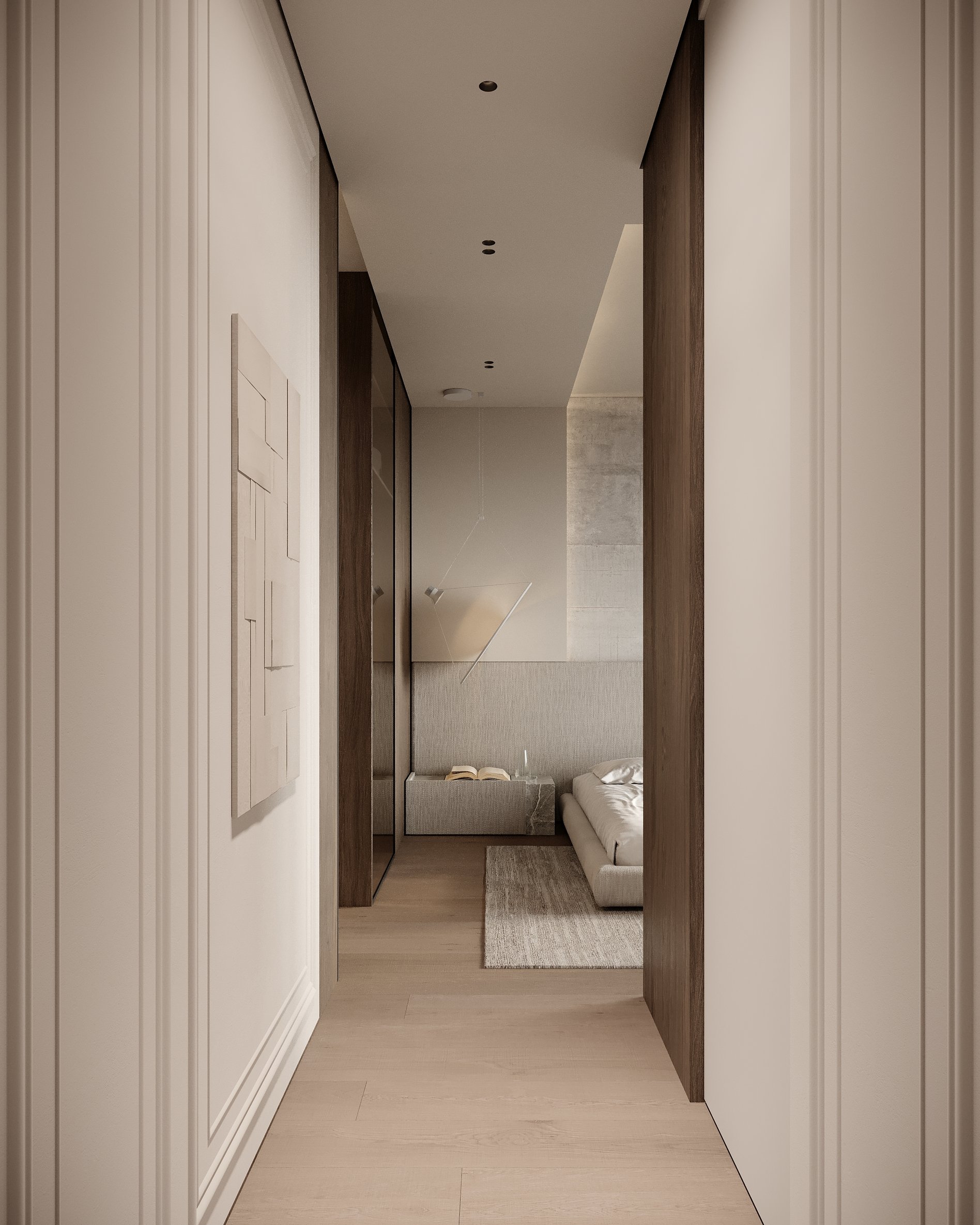 Elegant hallway leading to bedroom with white wall paneling, wooden accents, and minimalist artwork.