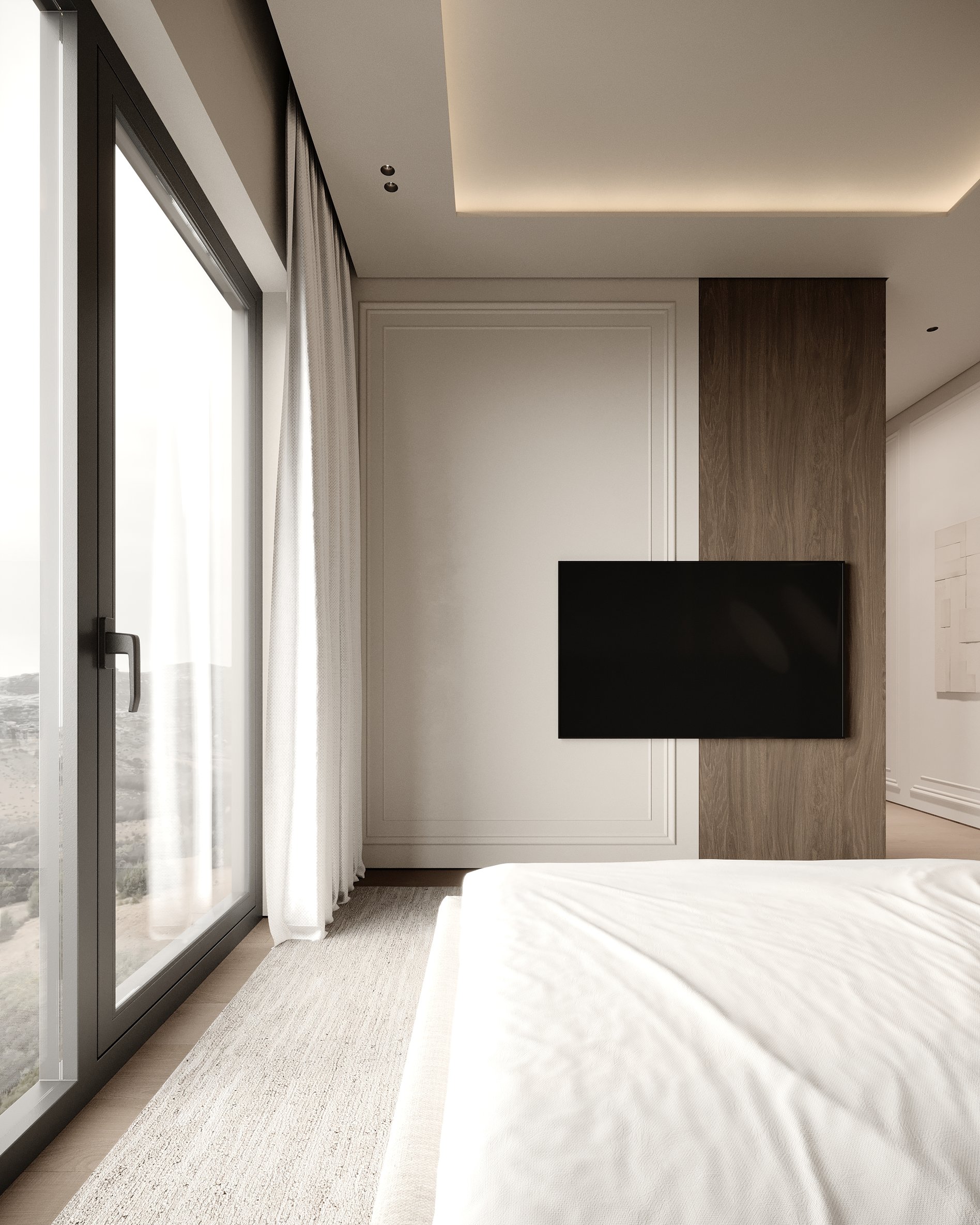 Master bedroom with wall-mounted TV, wooden paneling, and floor-to-ceiling windows with sheer curtains.