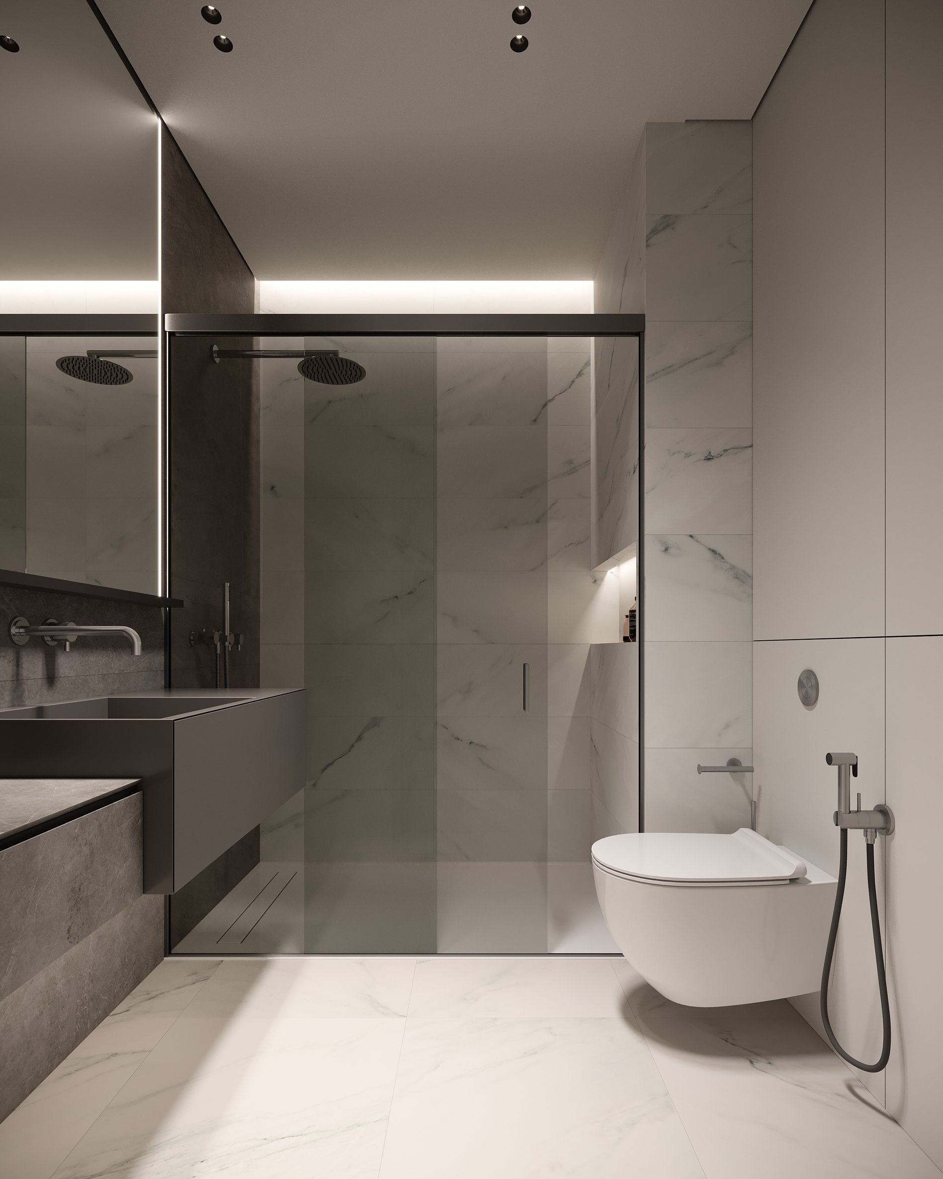Minimalist bathroom with white marble tiles, wall-mounted toilet, glass shower partition, and matte black rainfall shower head with modern fixtures.