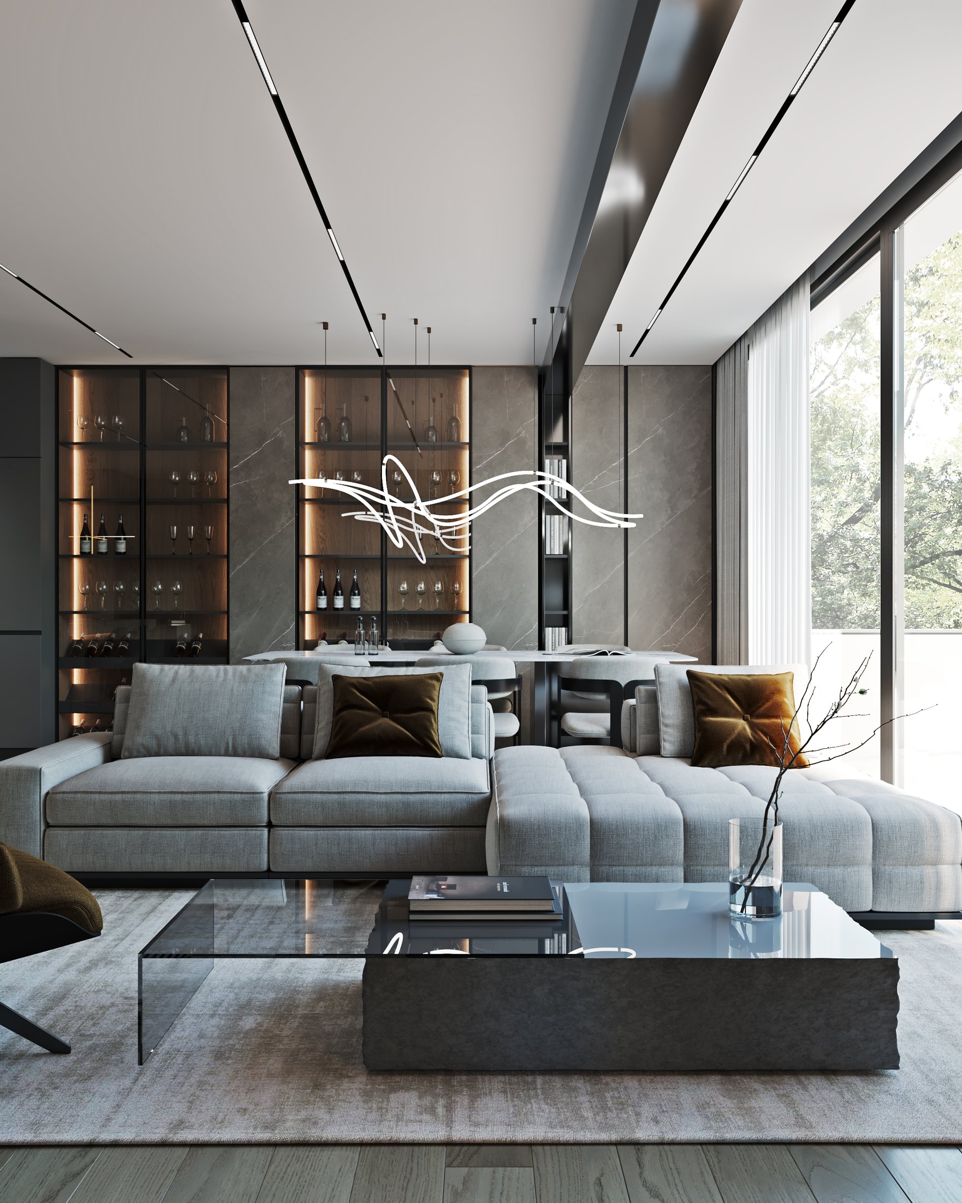 Contemporary living room with sculptural LED lighting, built-in wine display, and comfortable sectional sofa.