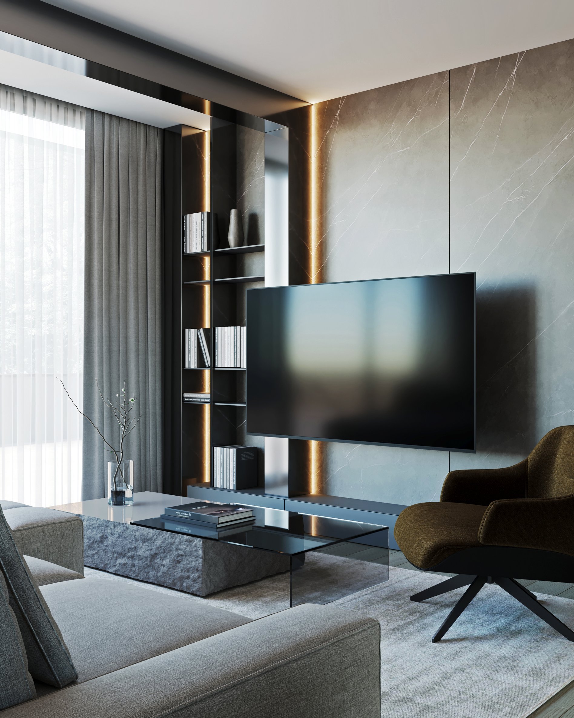 Modern living room featuring wall-mounted TV, illuminated shelving, and marble accent wall.