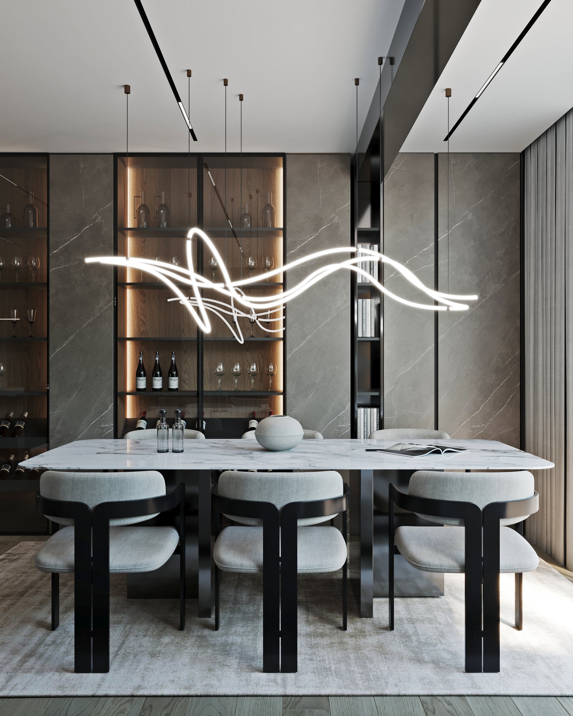 Modern dining area with marble table, designer chairs, and sculptural LED pendant light.