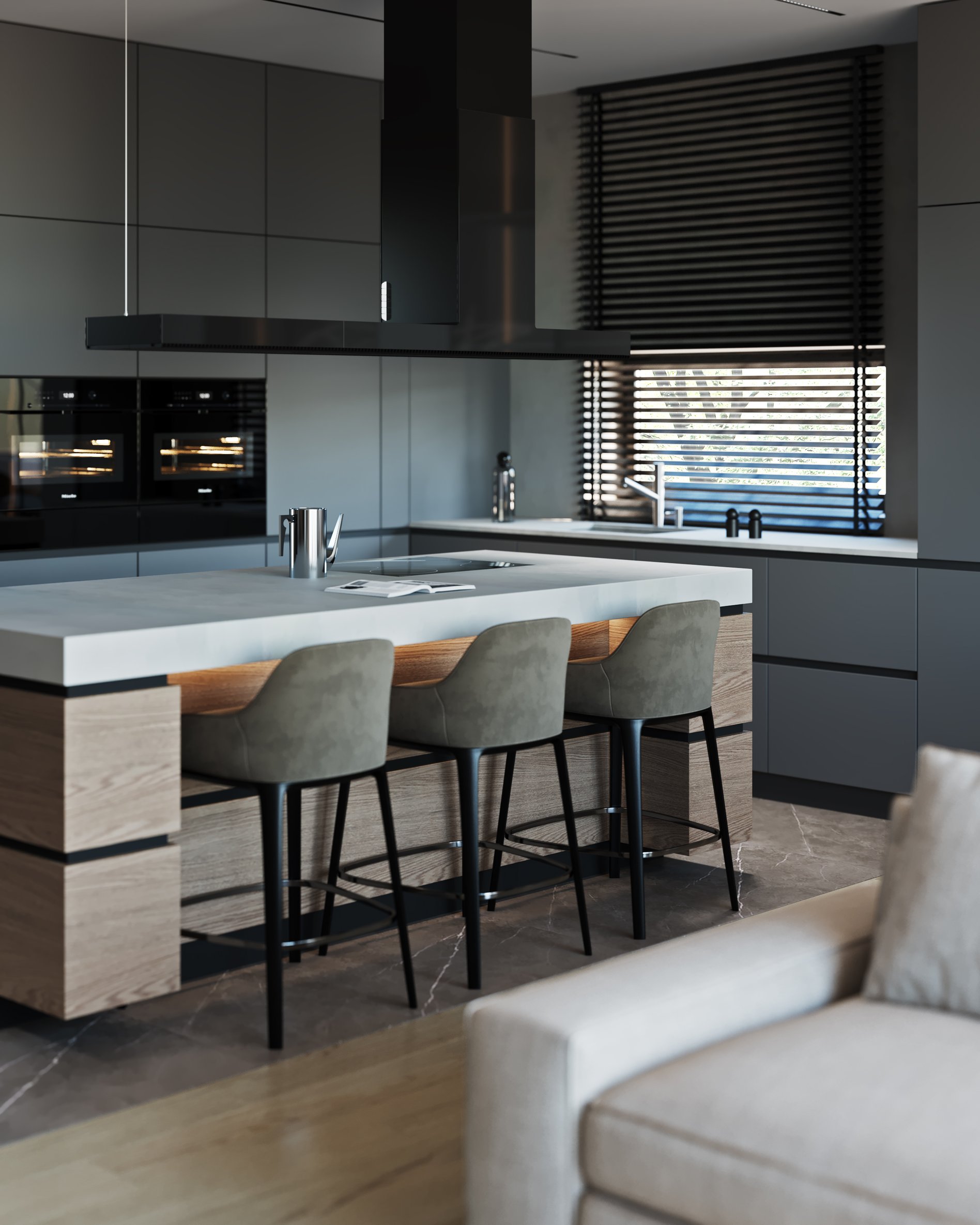 Modern kitchen with breakfast bar, integrated appliances, and wooden accent panels.