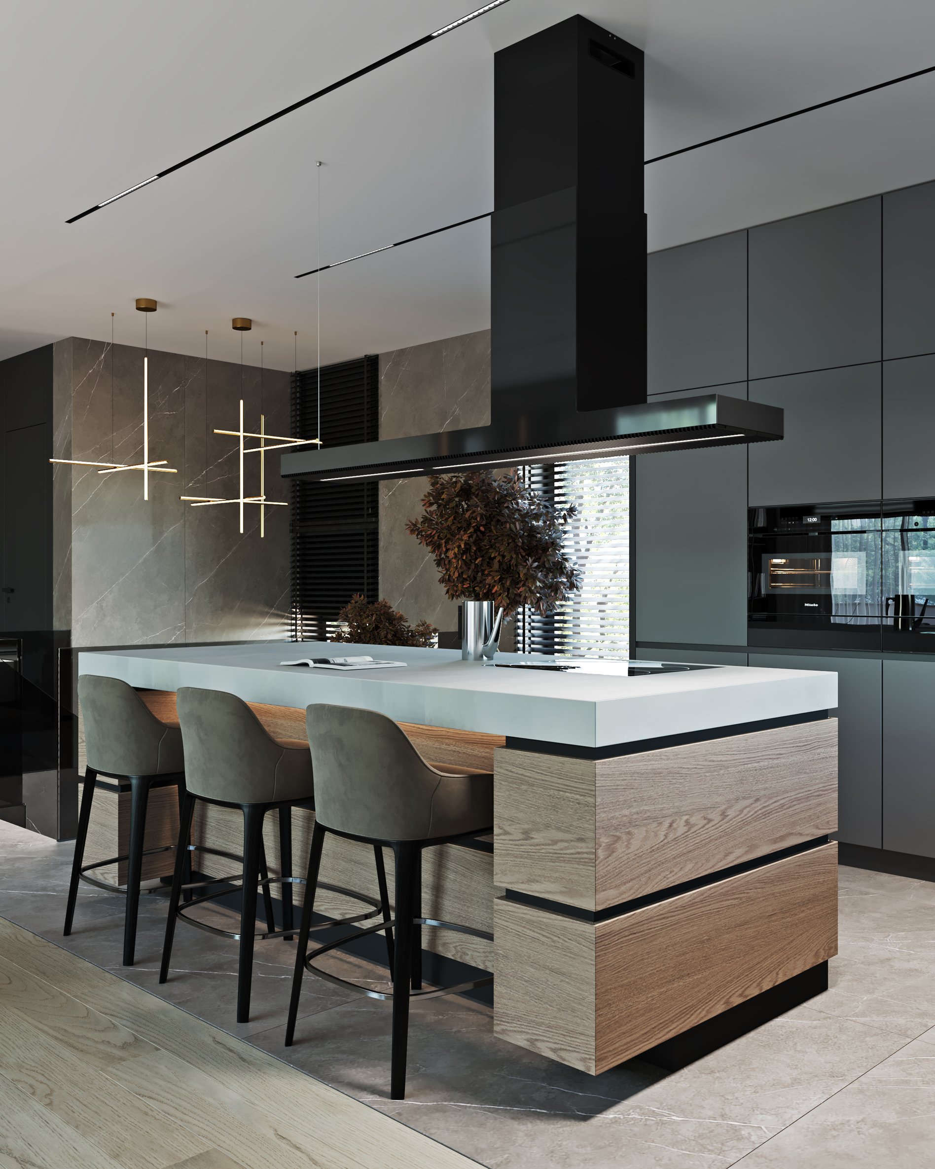 Contemporary kitchen design with geometric pendant lights, wood and white island, and grey bar stools.