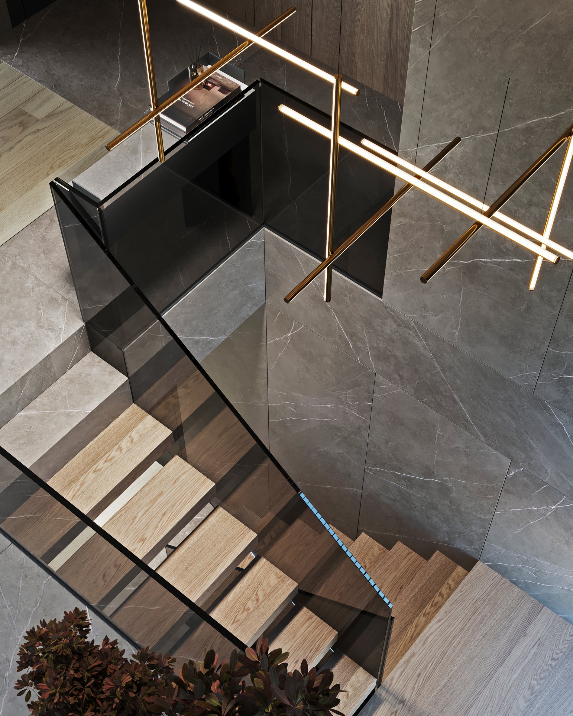 Modern staircase with wooden treads, glass balustrade, and geometric LED lighting.