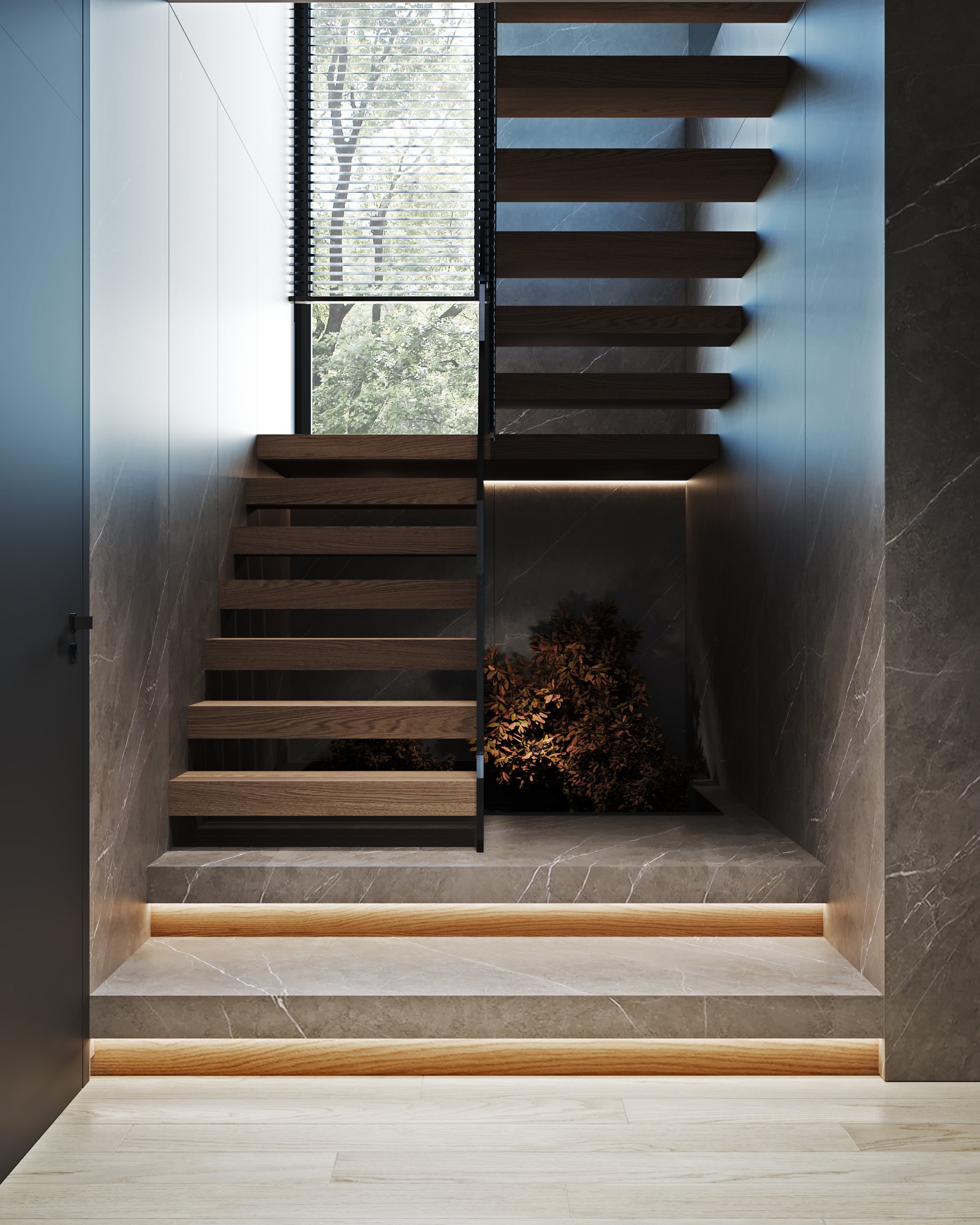 Contemporary stairwell featuring wooden steps, marble walls, and ambient lighting.