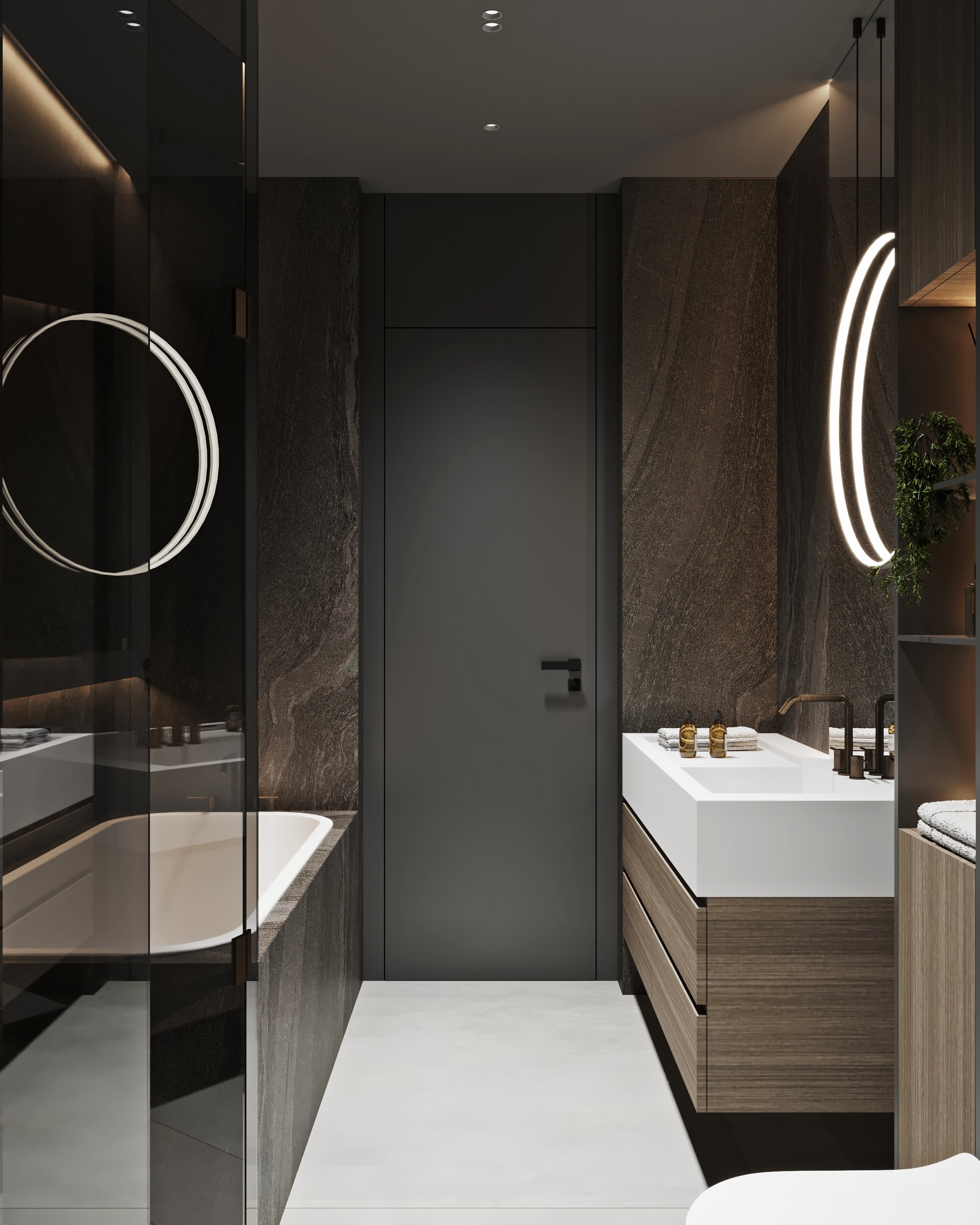 Contemporary bathroom suite with floating vanity, LED lighting, glass shower partition, and built-in storage.