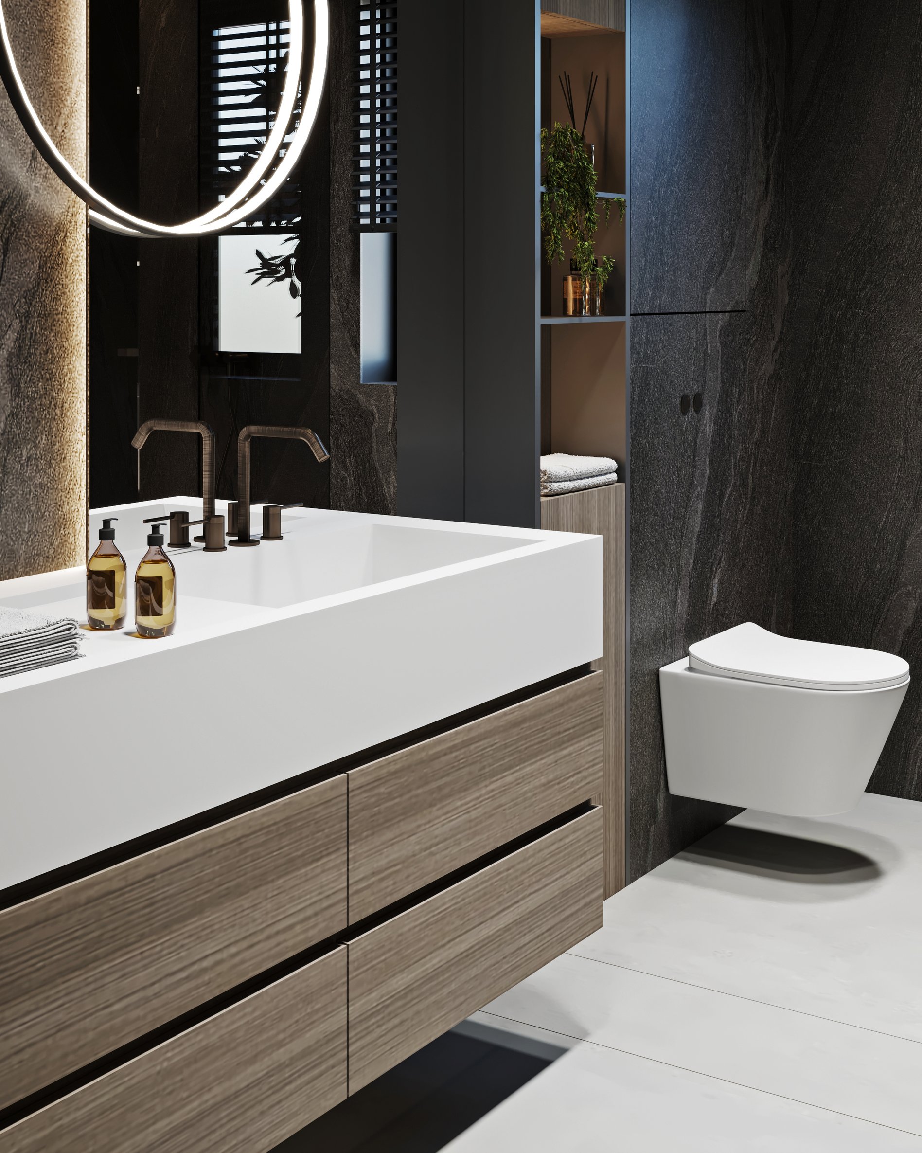 Modern bathroom vanity detail showing floating wooden cabinet, white countertop, and matte black fixtures.