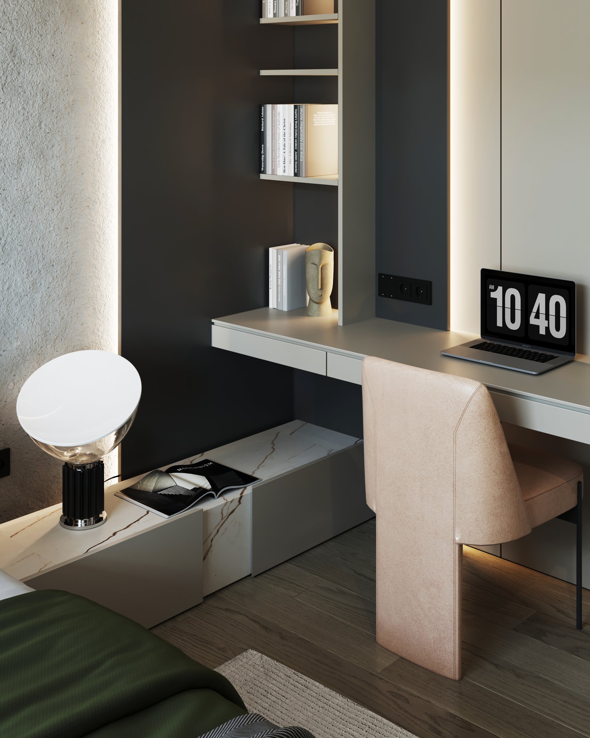 Minimalist bedroom desk area with floating shelves, designer table lamp, and built-in storage.