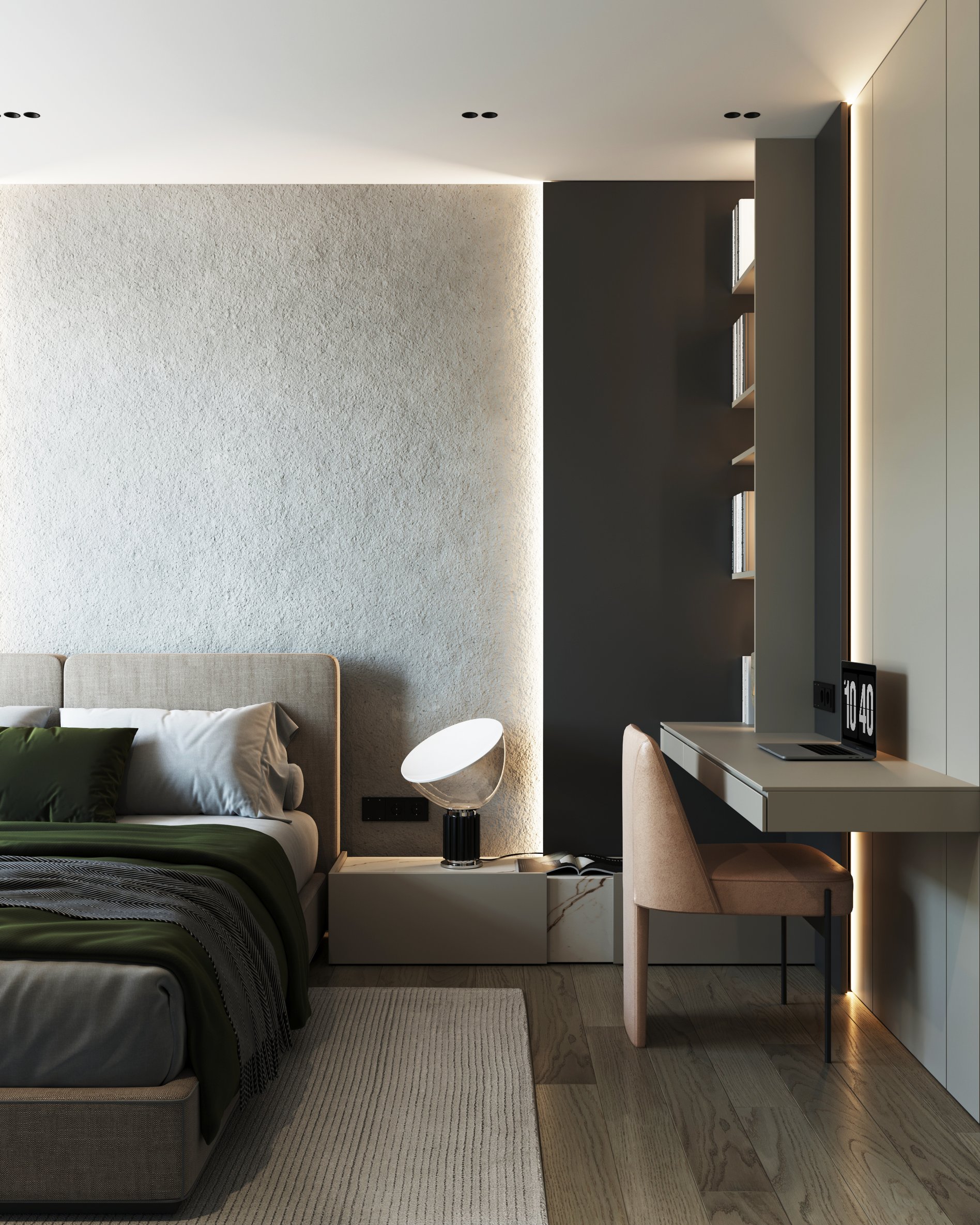 Contemporary bedroom study corner with floating desk, ambient lighting, and textured wall finish.