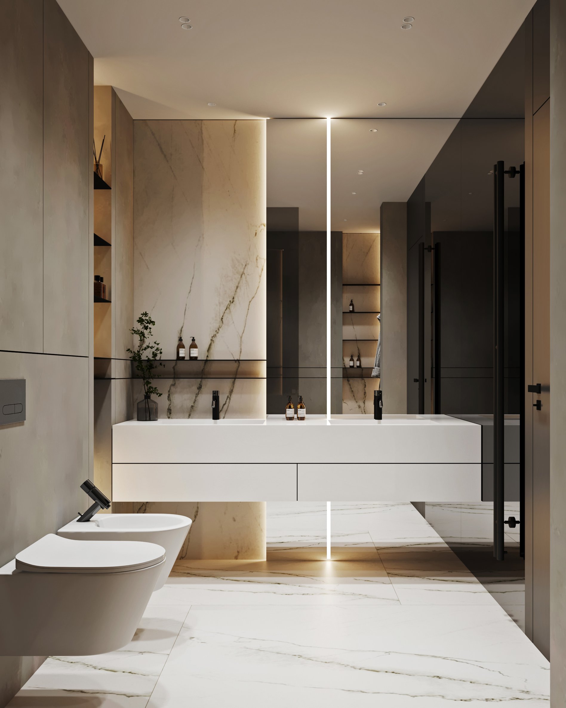 Luxury bathroom featuring white marble flooring, floating vanity with LED lighting, and built-in storage niches.