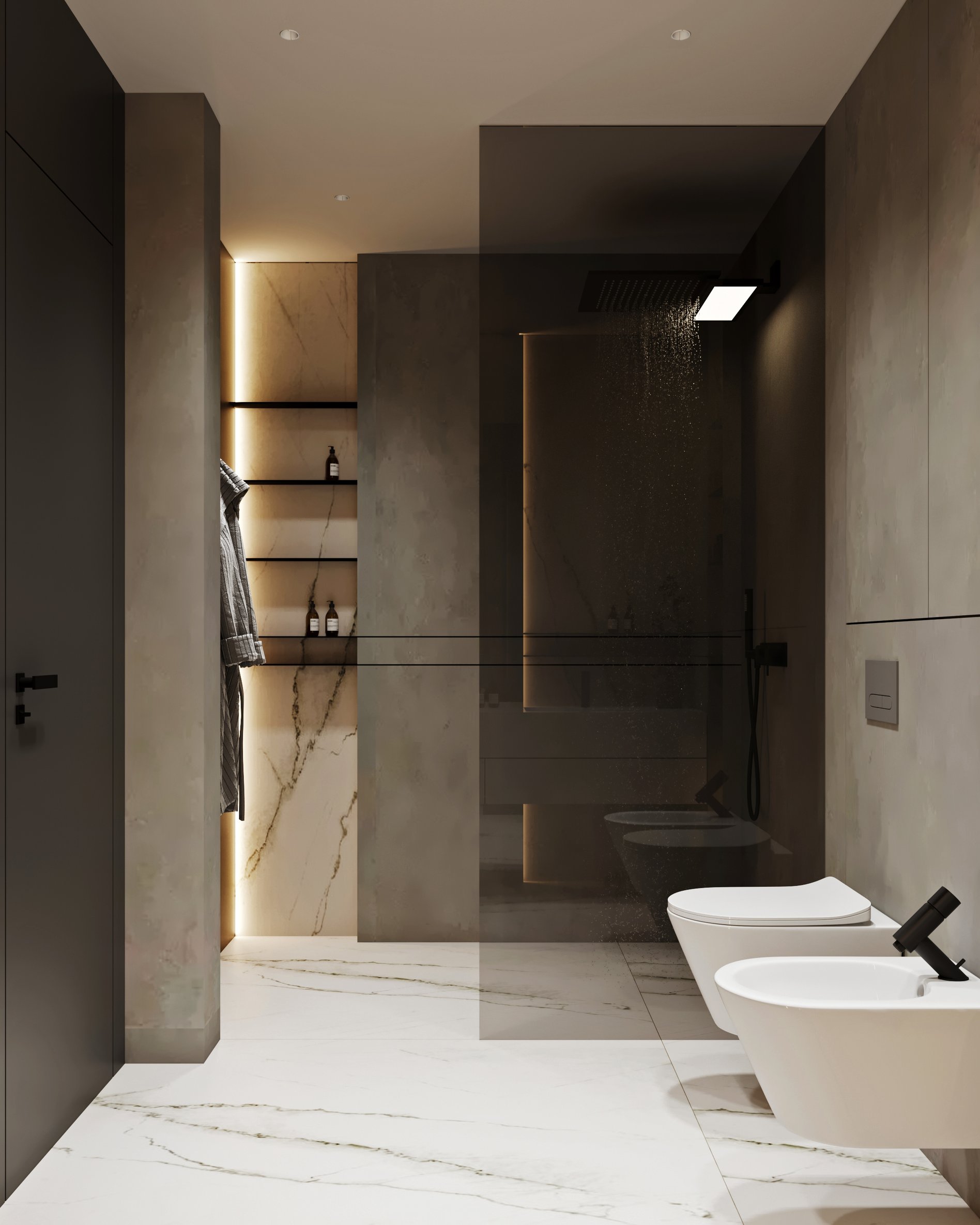 Minimalist bathroom design featuring marble floors, floating fixtures, and integrated LED lighting with glass shower partition.