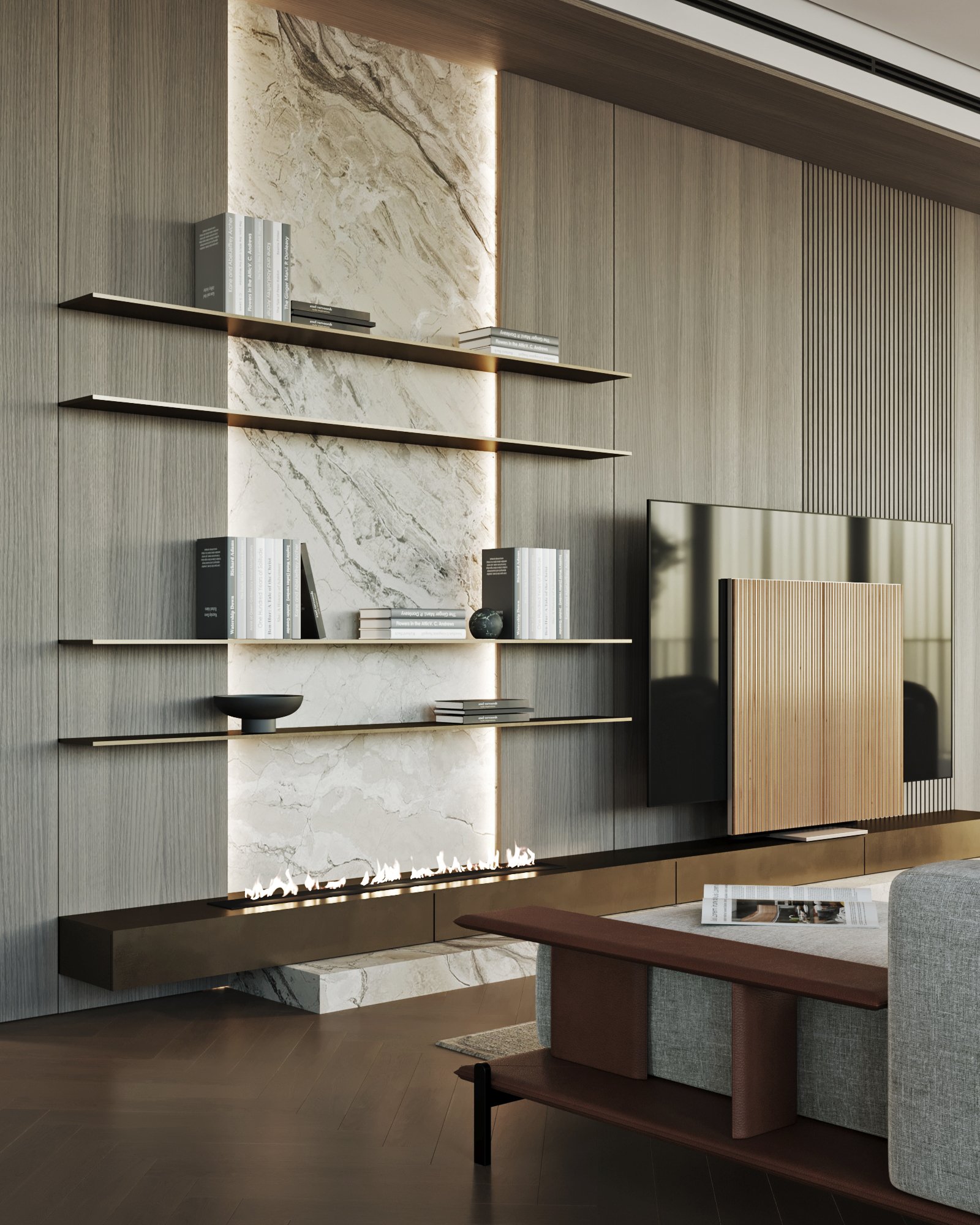 Modern wall unit featuring backlit marble panel, floating shelves, and linear fireplace with bronze details.