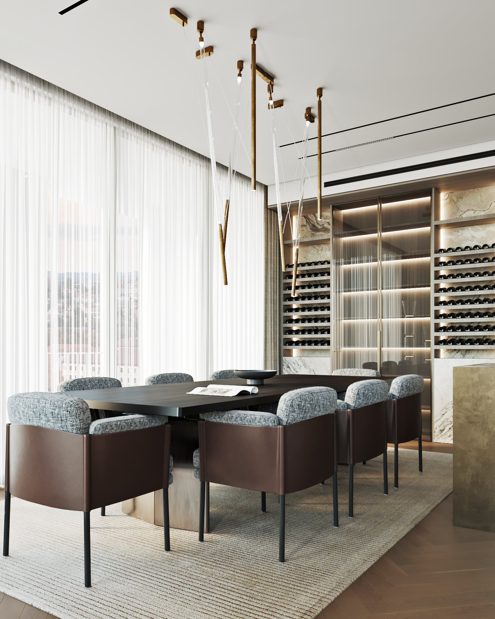 Contemporary dining area with leather dining chairs, custom lighting, and floor-to-ceiling wine display.