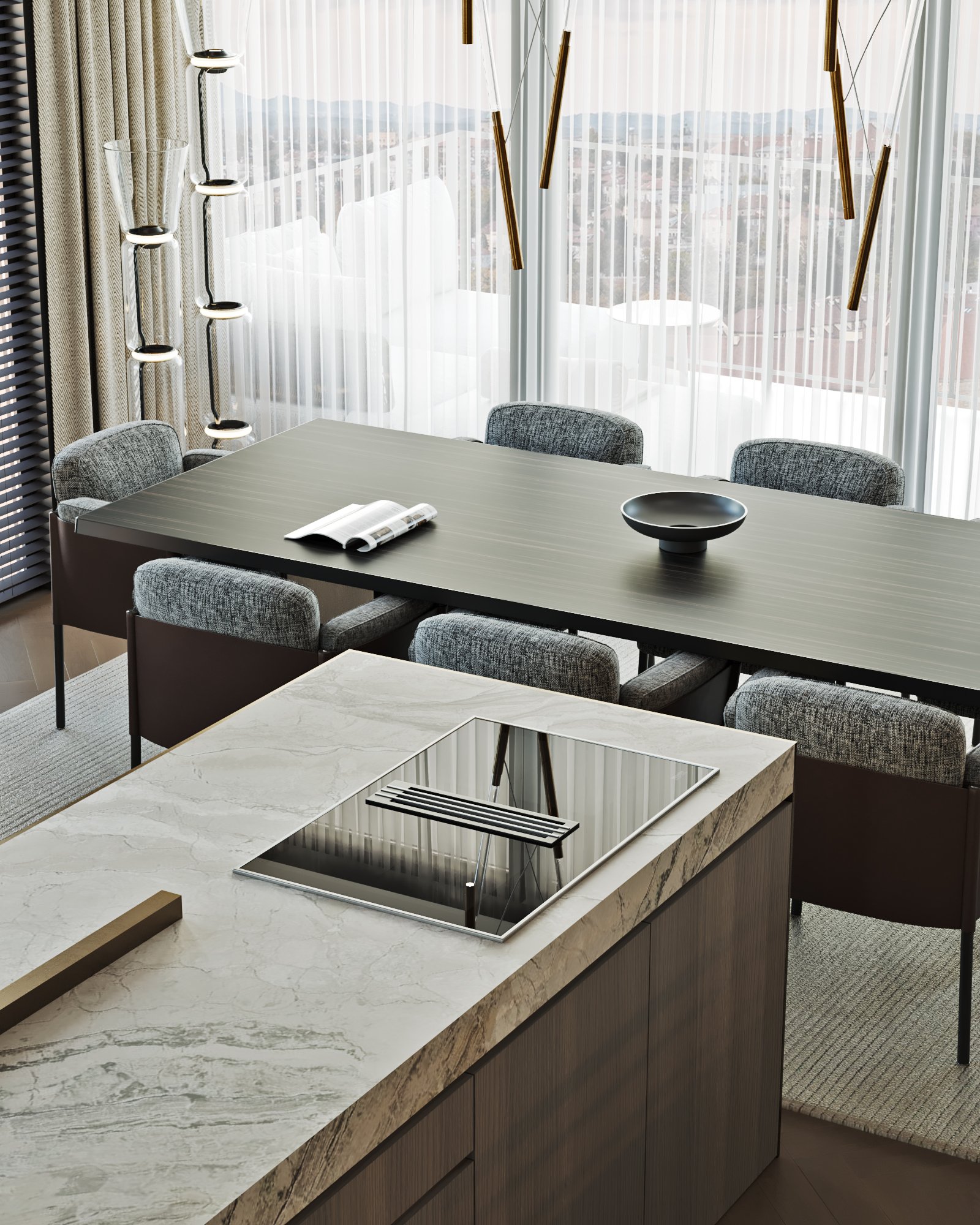 Detail of dining area featuring textured fabric chairs, dark wood table, and brass pendant lighting.
