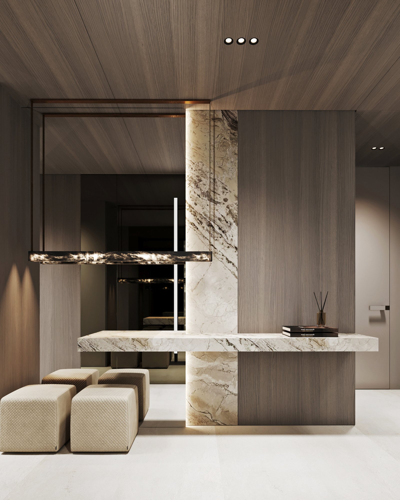 Contemporary entryway featuring marble accents.