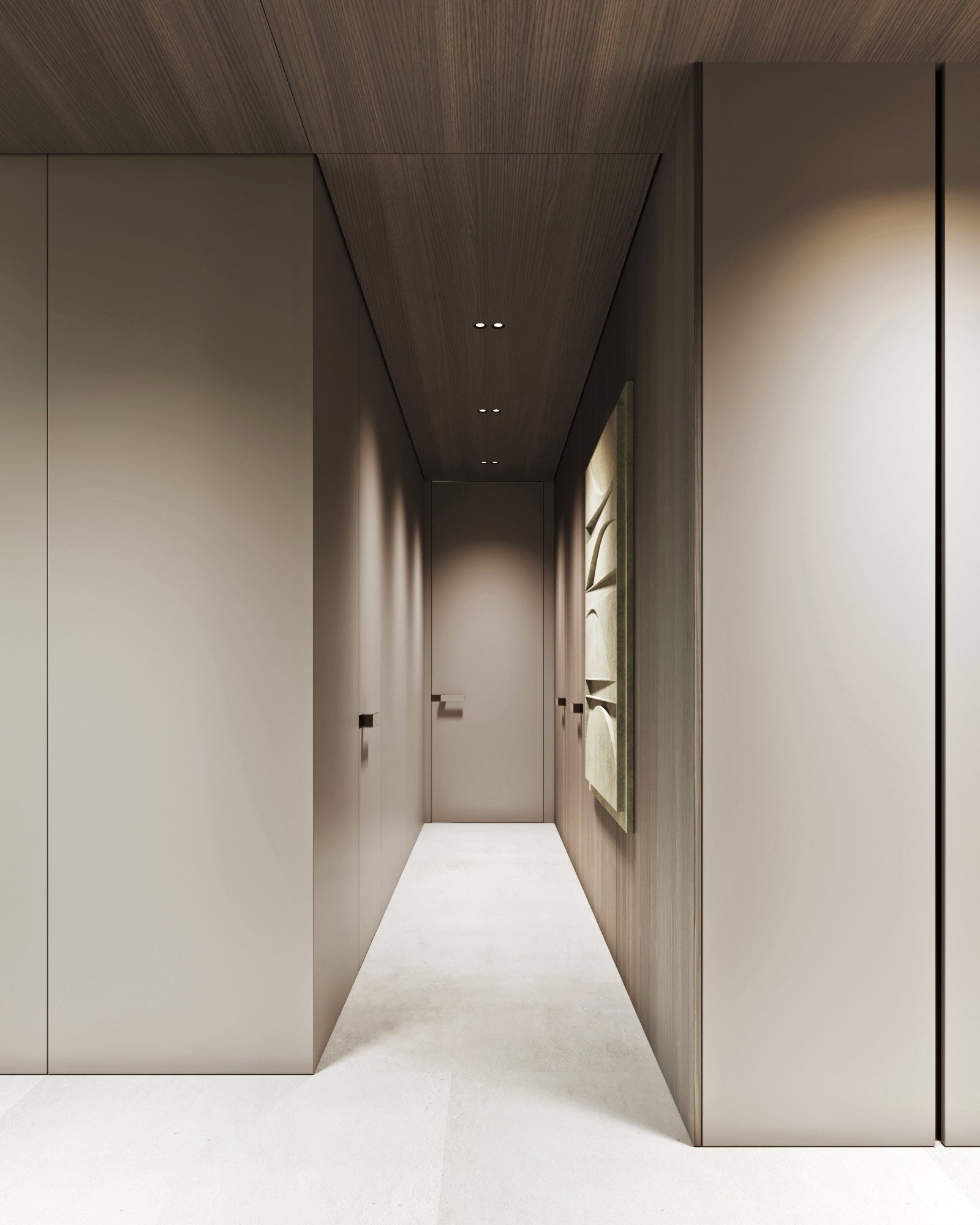 Minimalist hallway with recessed lighting, built-in storage, and light wood paneling.