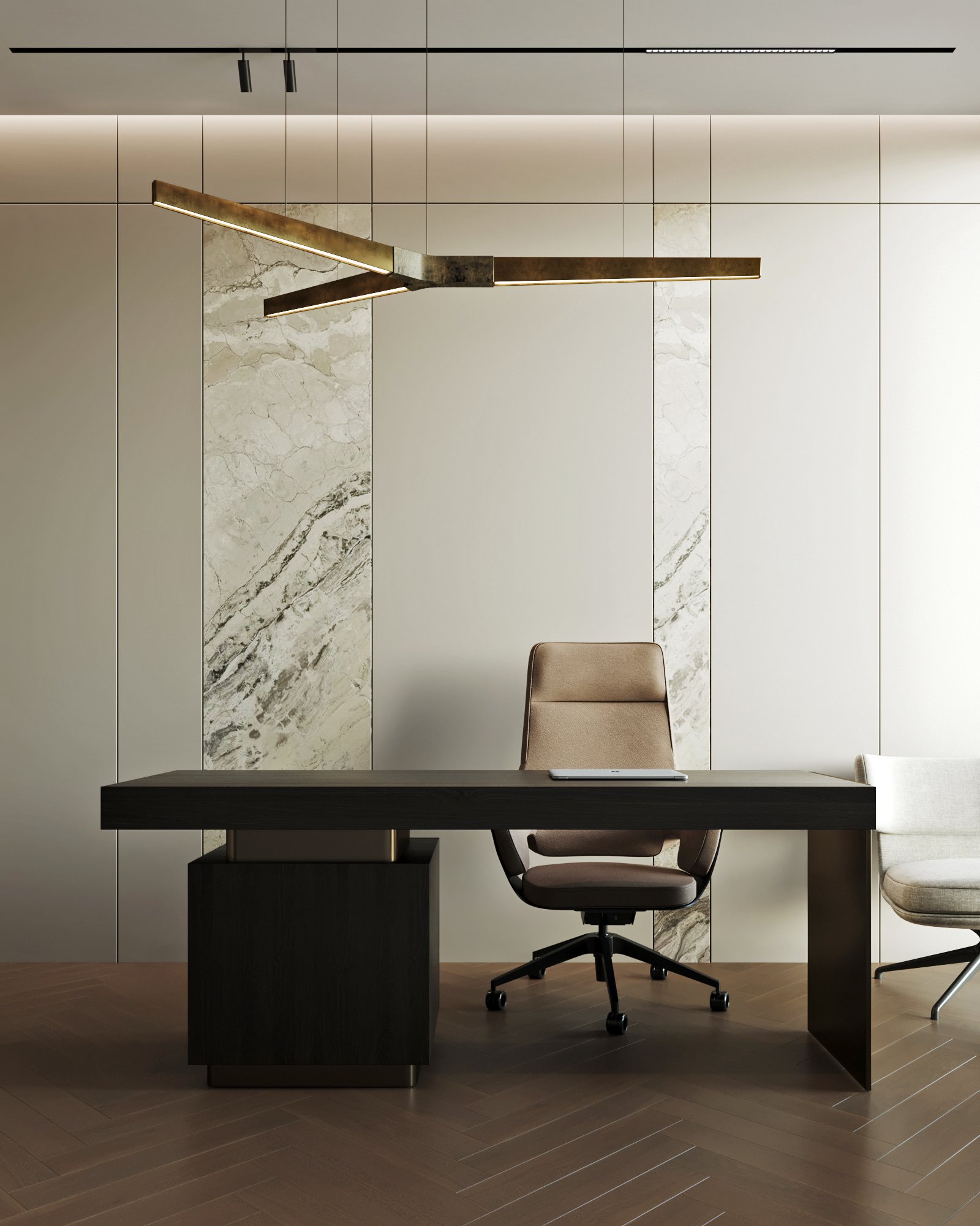 Contemporary home office with custom desk, leather executive chair, and sculptural brass lighting.