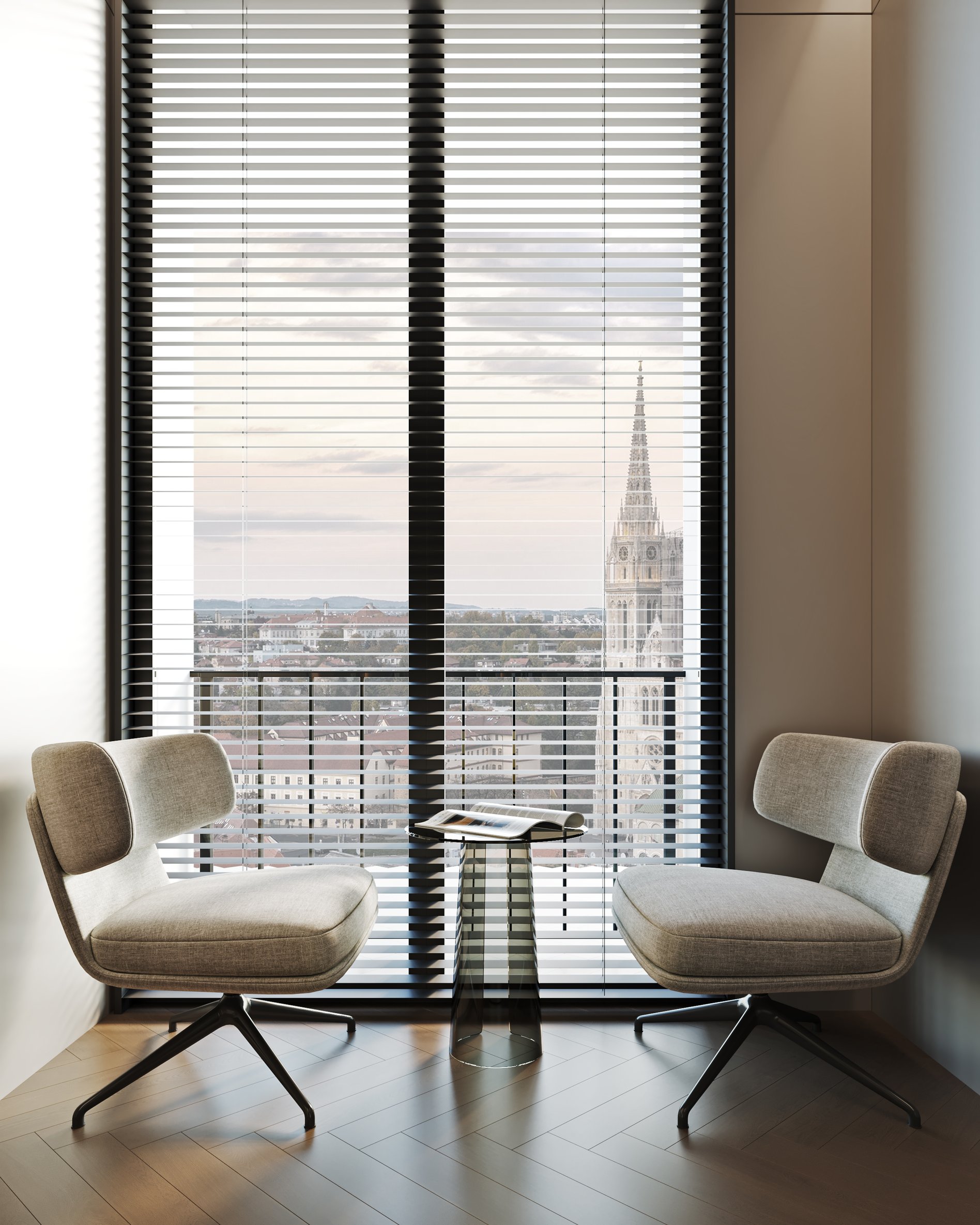 Intimate reading area with two modern lounge chairs and panoramic views of Zagreb Cathedral through floor-to-ceiling windows with venetian blinds.