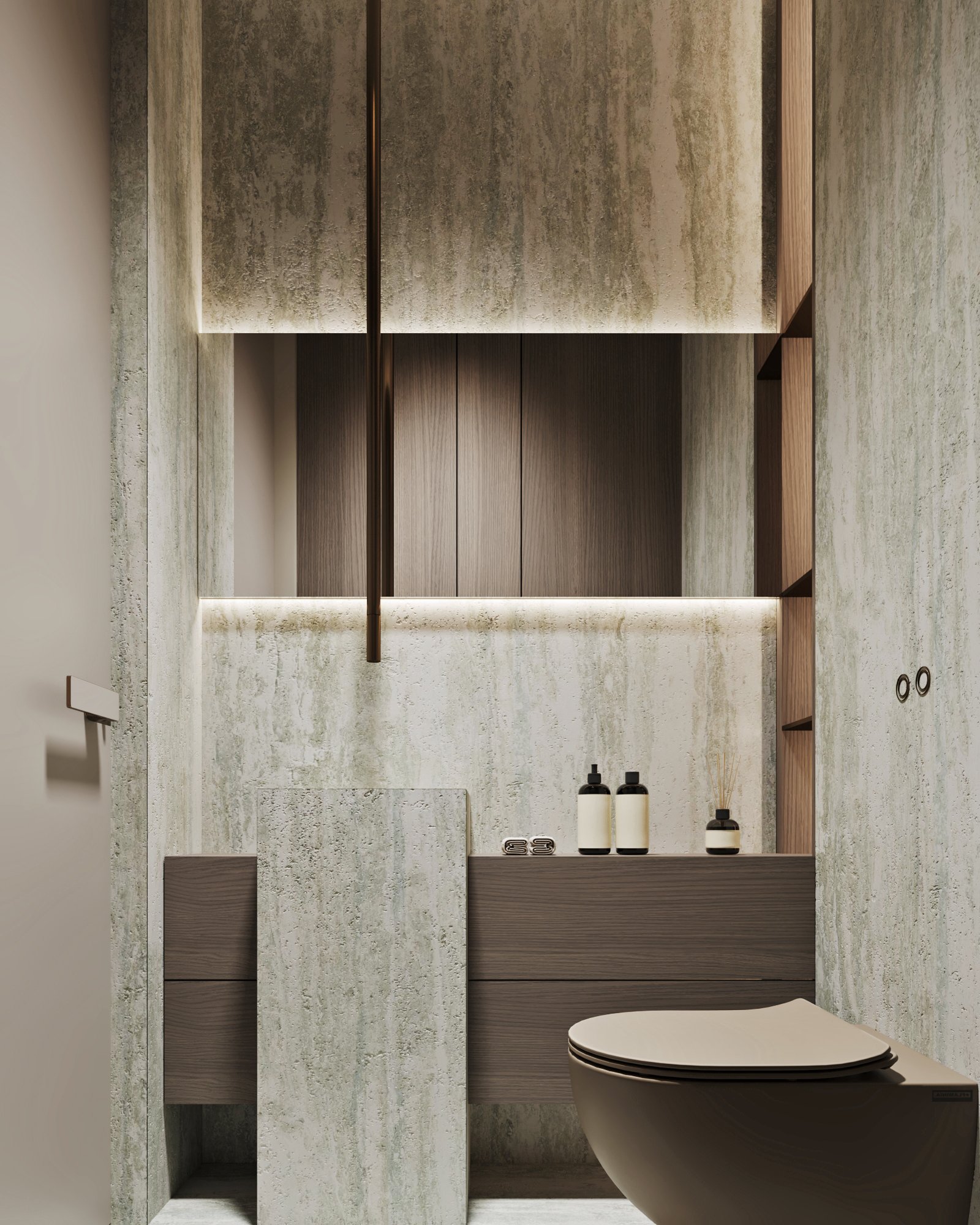 Contemporary powder room featuring textured concrete walls, built-in wooden storage, and minimalist fixtures with ambient lighting.