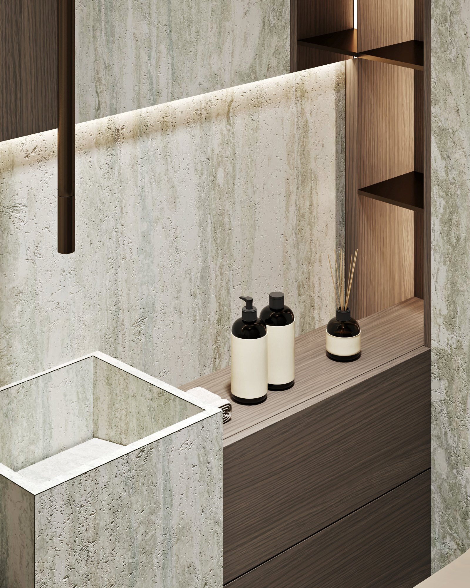 Detail of powder room showing concrete sink, wooden storage shelf, and designer toiletries against textured wall with LED lighting.