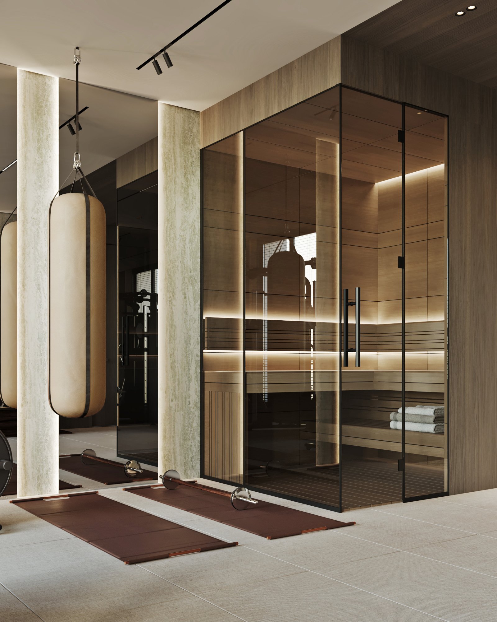 Glass-enclosed sauna with wooden benches and modern lighting, alongside yoga mats and exercise equipment.