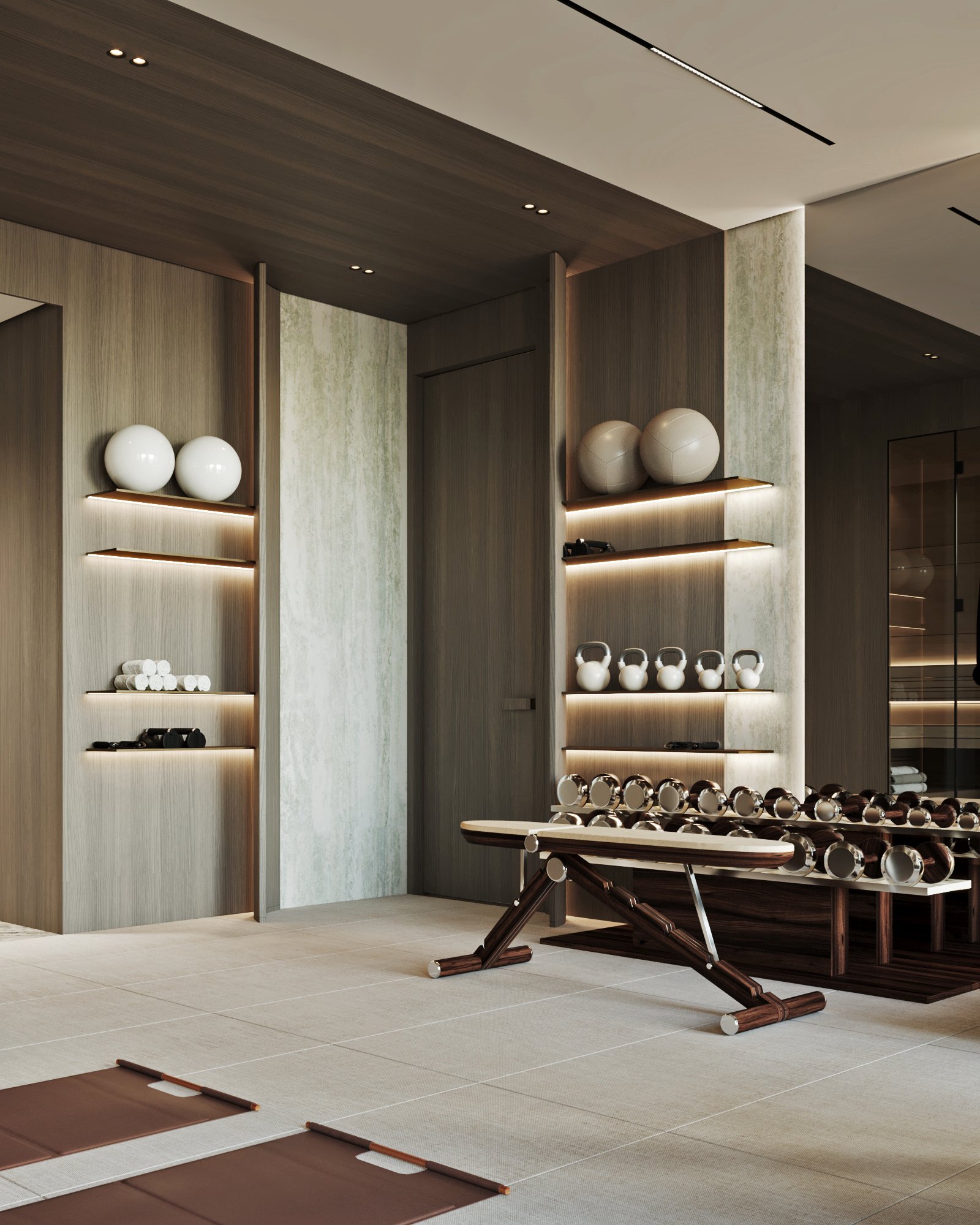 Well-equipped home gym featuring cardio machines, weight training area, and illuminated storage for exercise equipment.