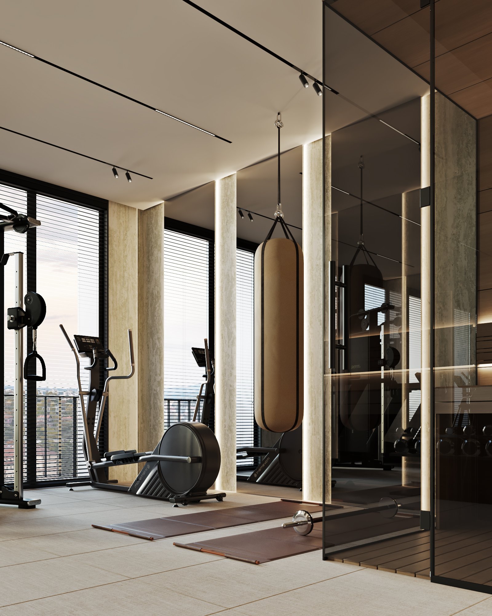 Cardio section of home gym with modern exercise machines, city views, and suspended punching bag.