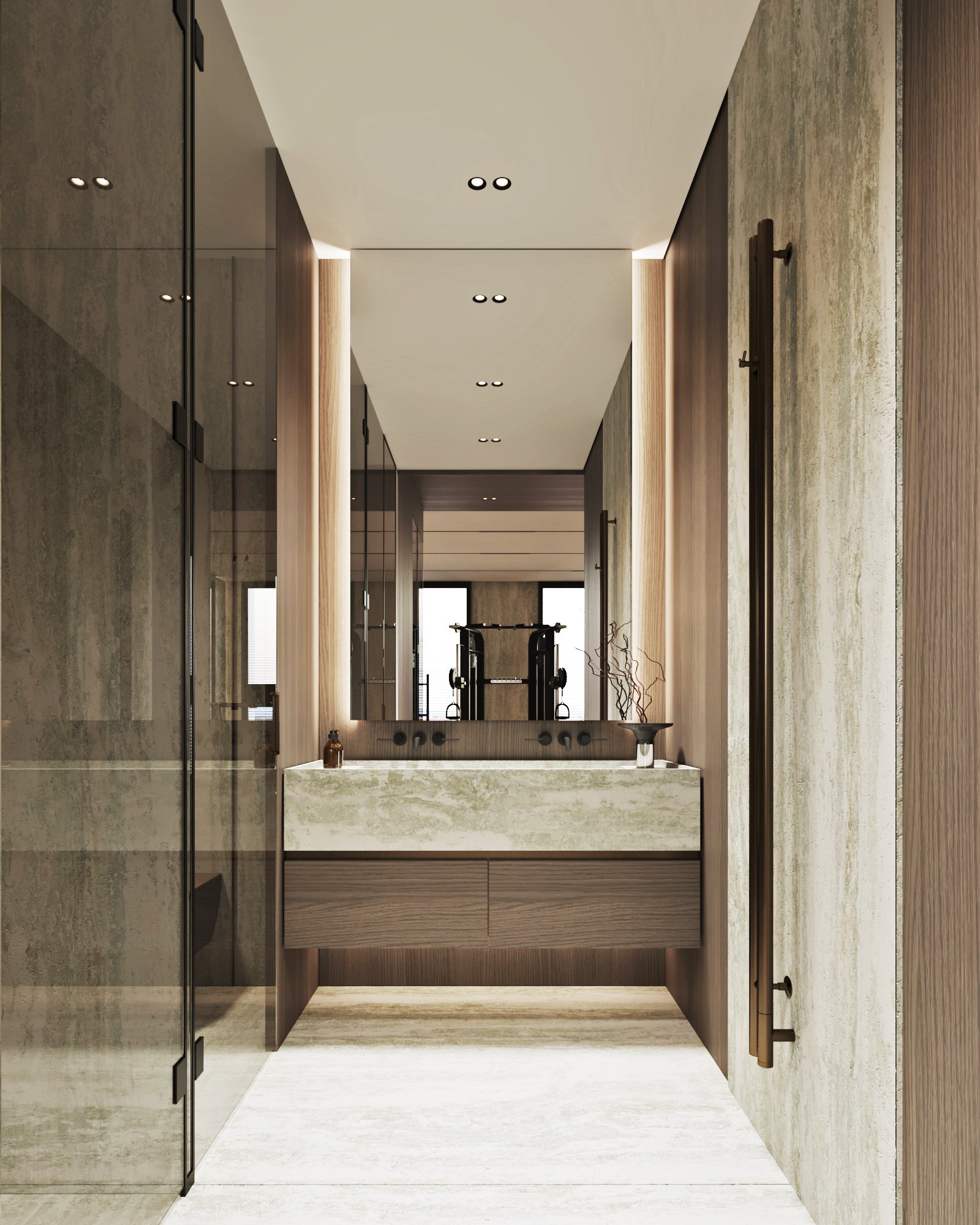 Luxury spa bathroom with floating vanity, full-width mirror, and integrated lighting in wood and stone finishes.