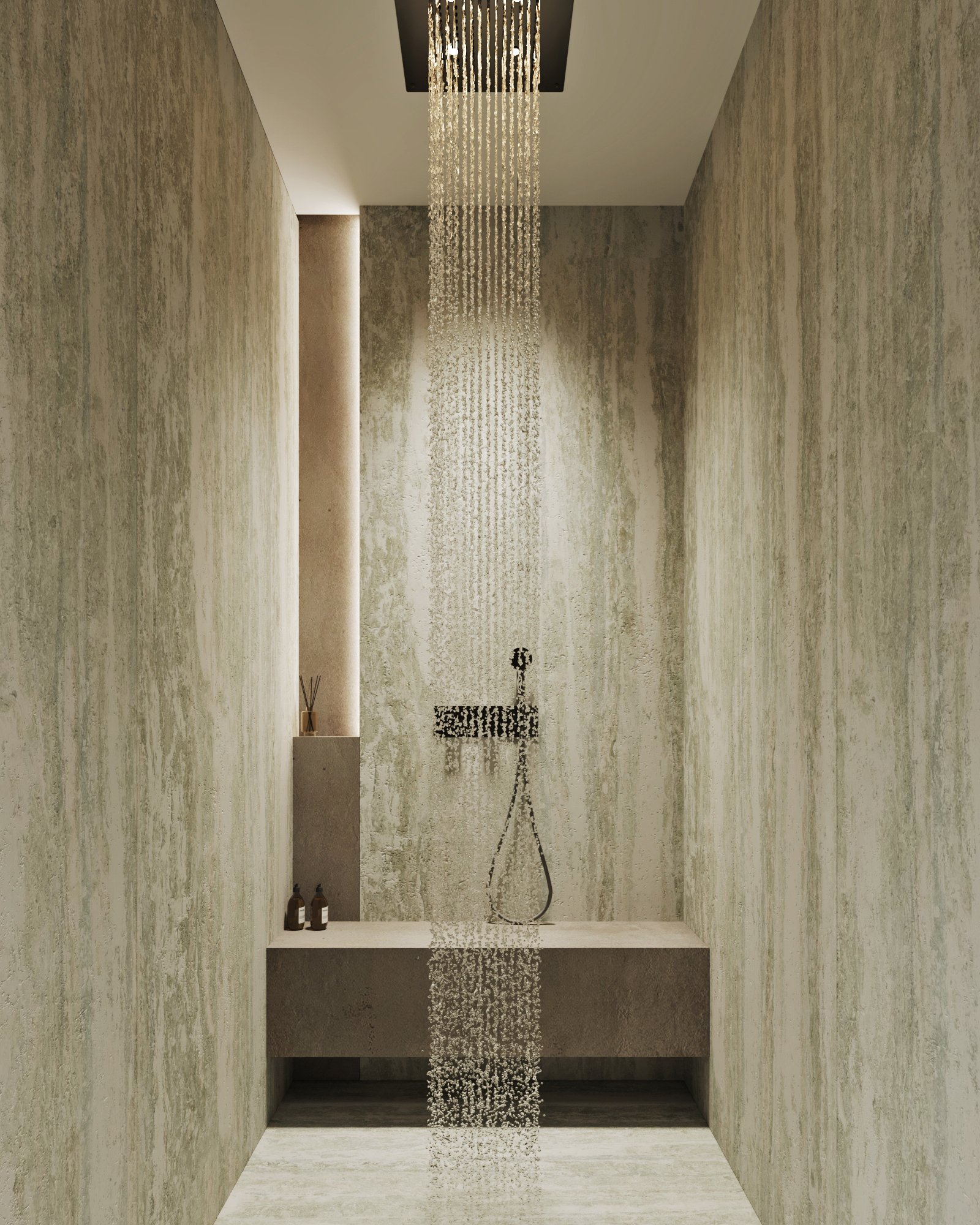 Minimalist shower room with rainfall showerhead, built-in bench, and textured concrete walls with ambient lighting.