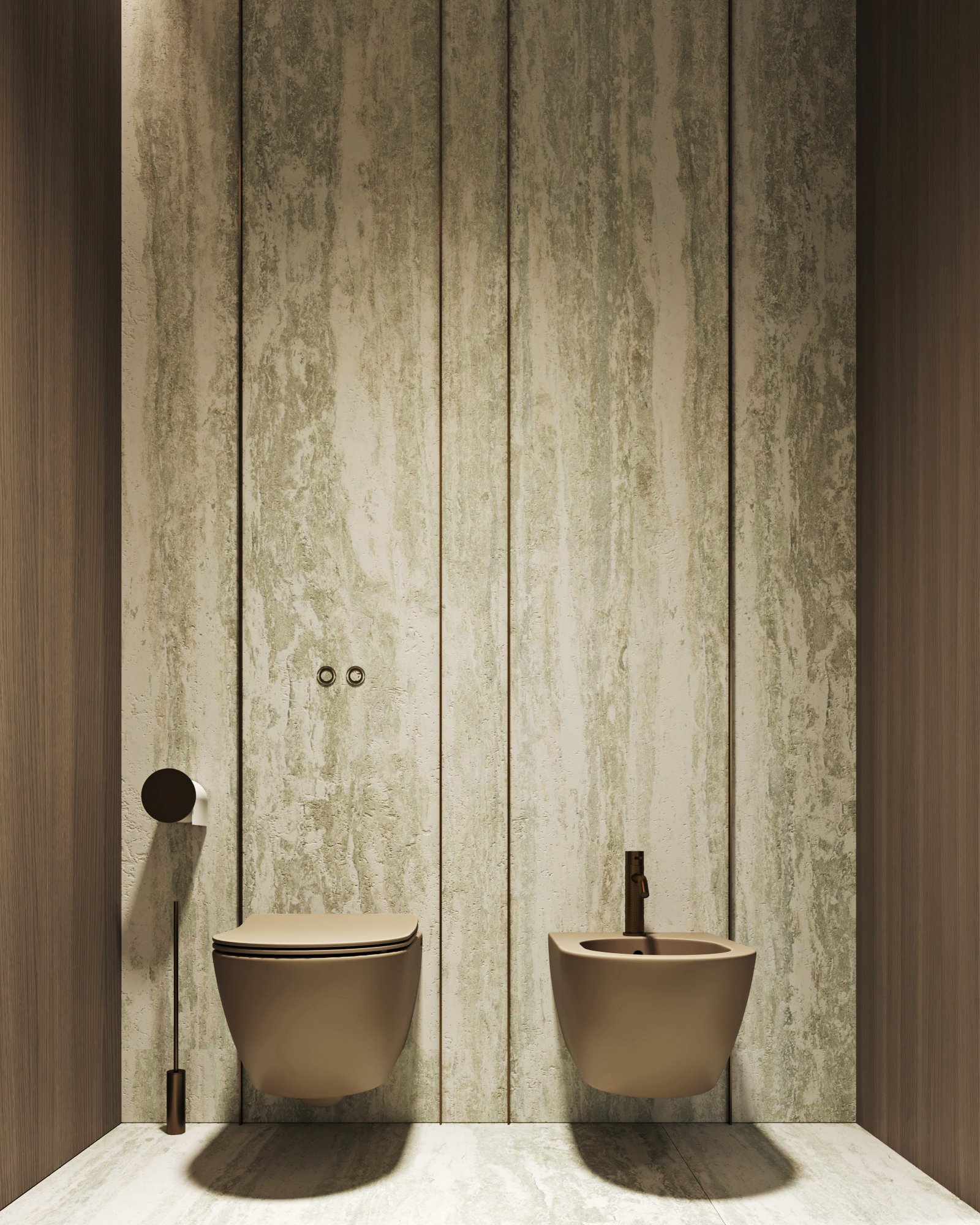 Modern bathroom featuring wall-mounted toilet and bidet with matte black fixtures against textured concrete wall panels.