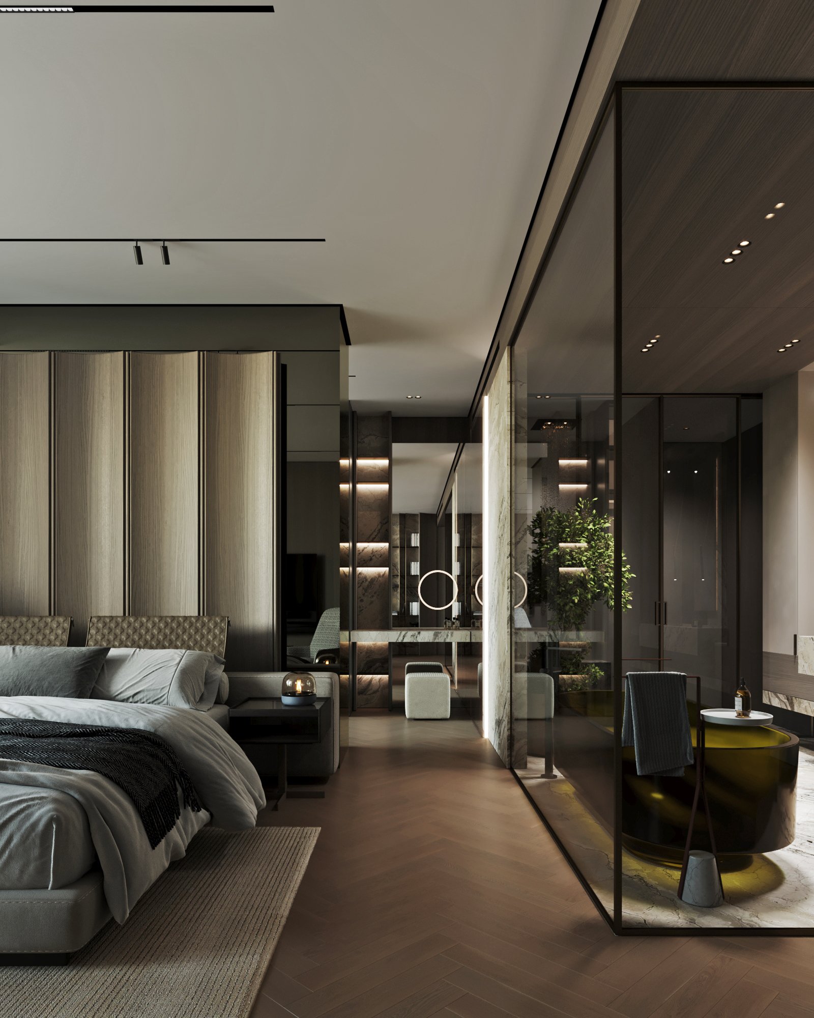 Master bedroom with glass-enclosed dressing area, custom wood paneling, and designer pendant lights.