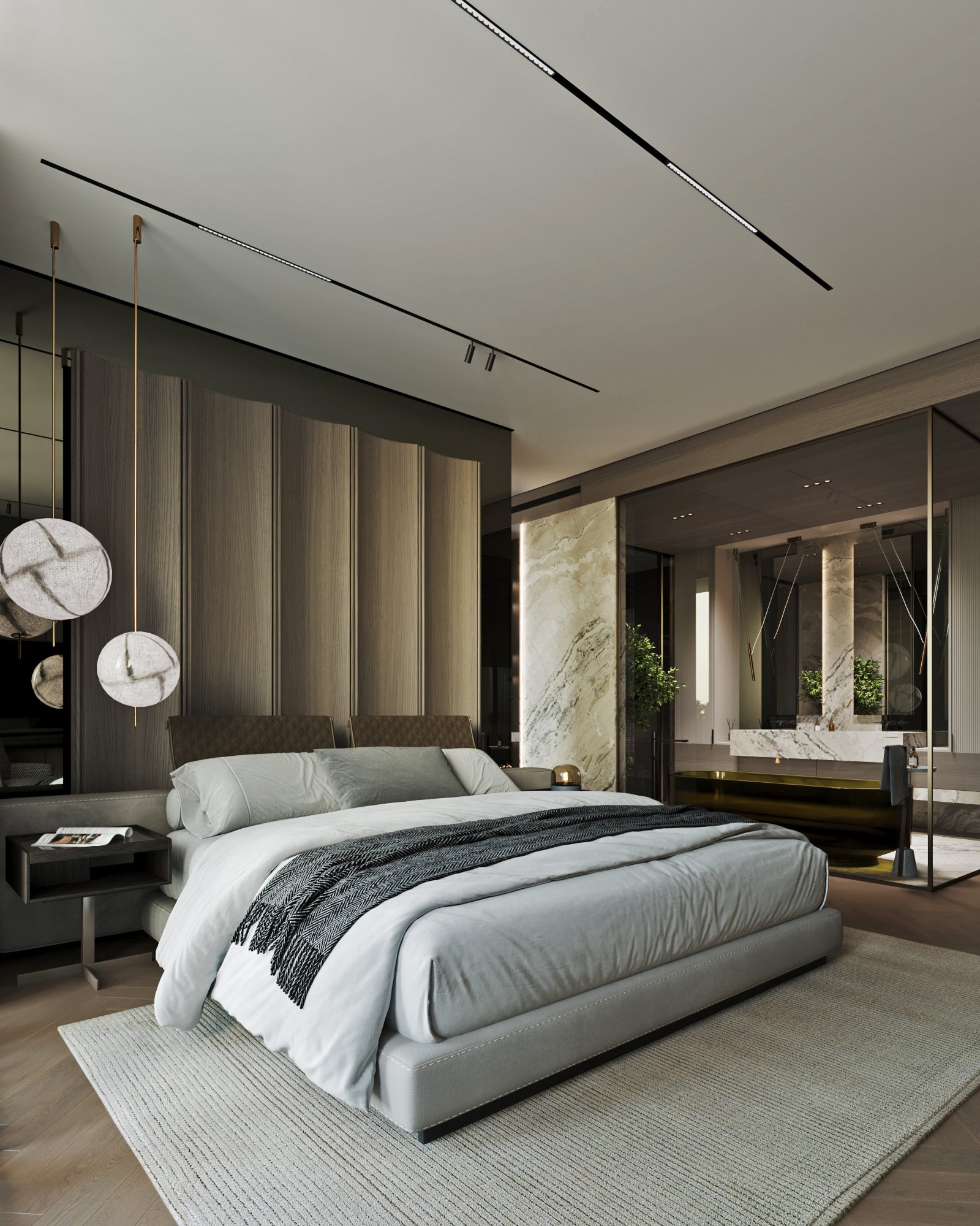Luxurious master bedroom featuring upholstered bed with textured headboard, suspended disc lights, and marble accent wall.