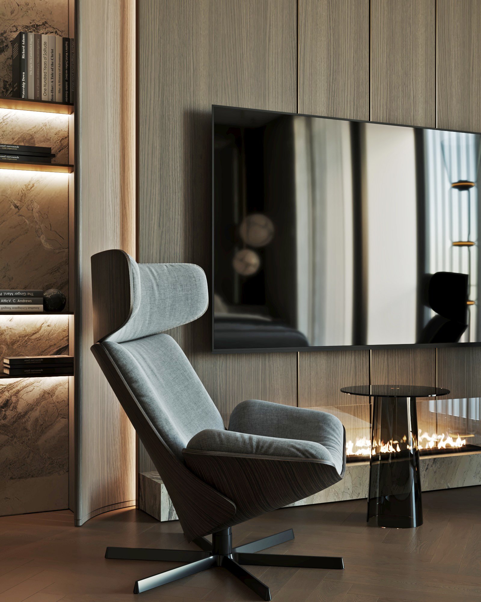 Detail of designer lounge chair with integrated side table and linear fireplace in master bedroom.