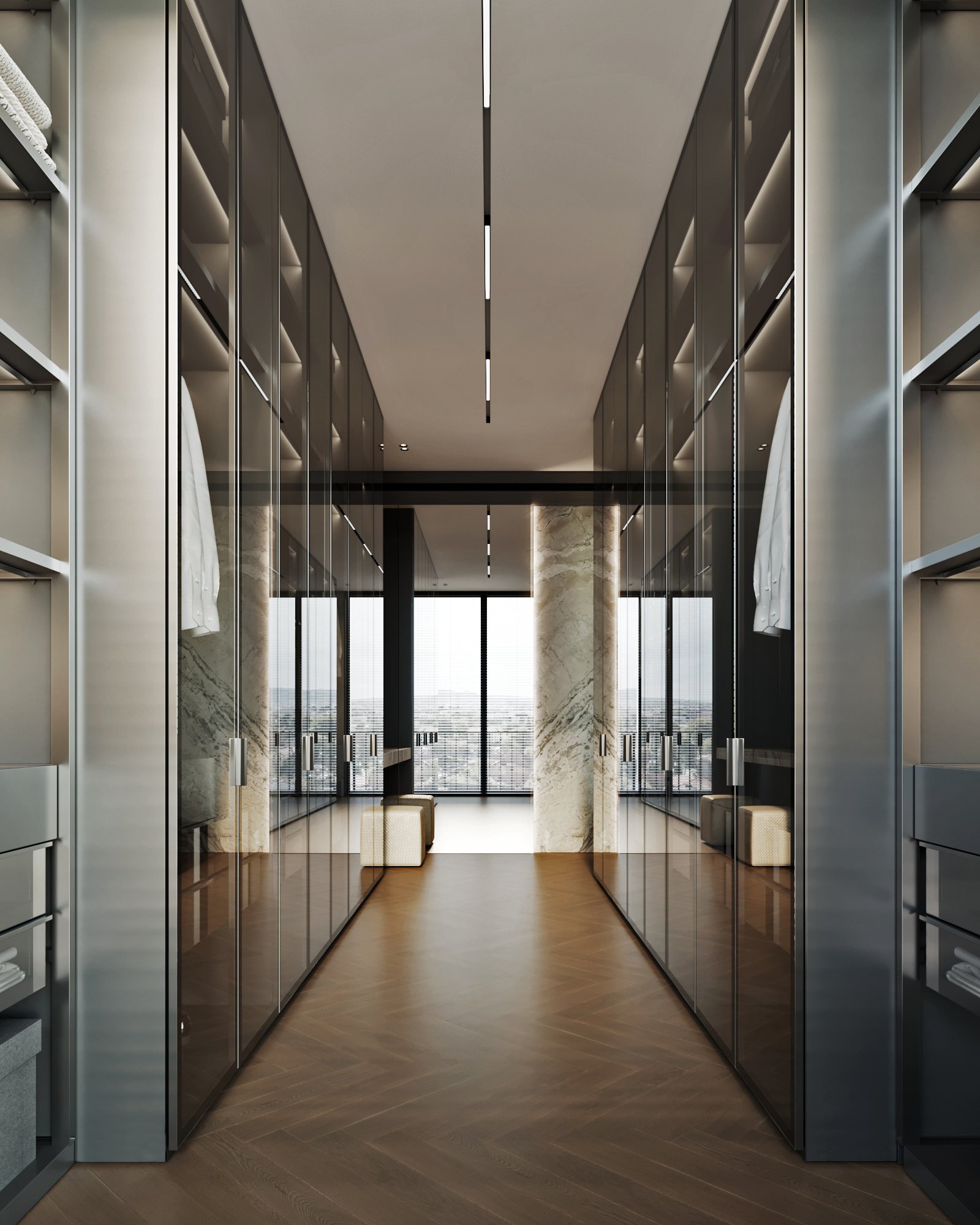 Walk-in closet with floor-to-ceiling glass wardrobes, marble columns, and city views through full-height windows.