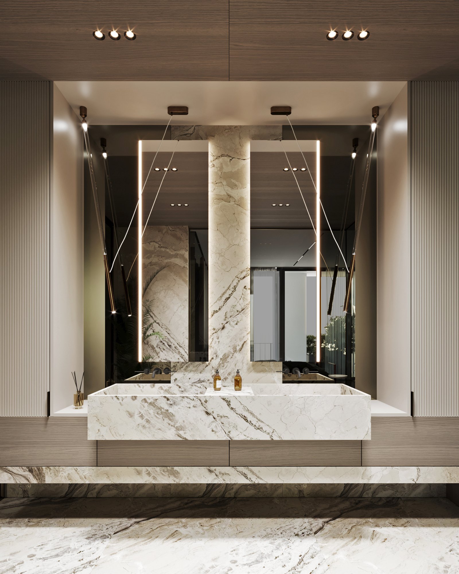 Luxury master bathroom with floating marble vanity, geometric lighting design, and brass accents.