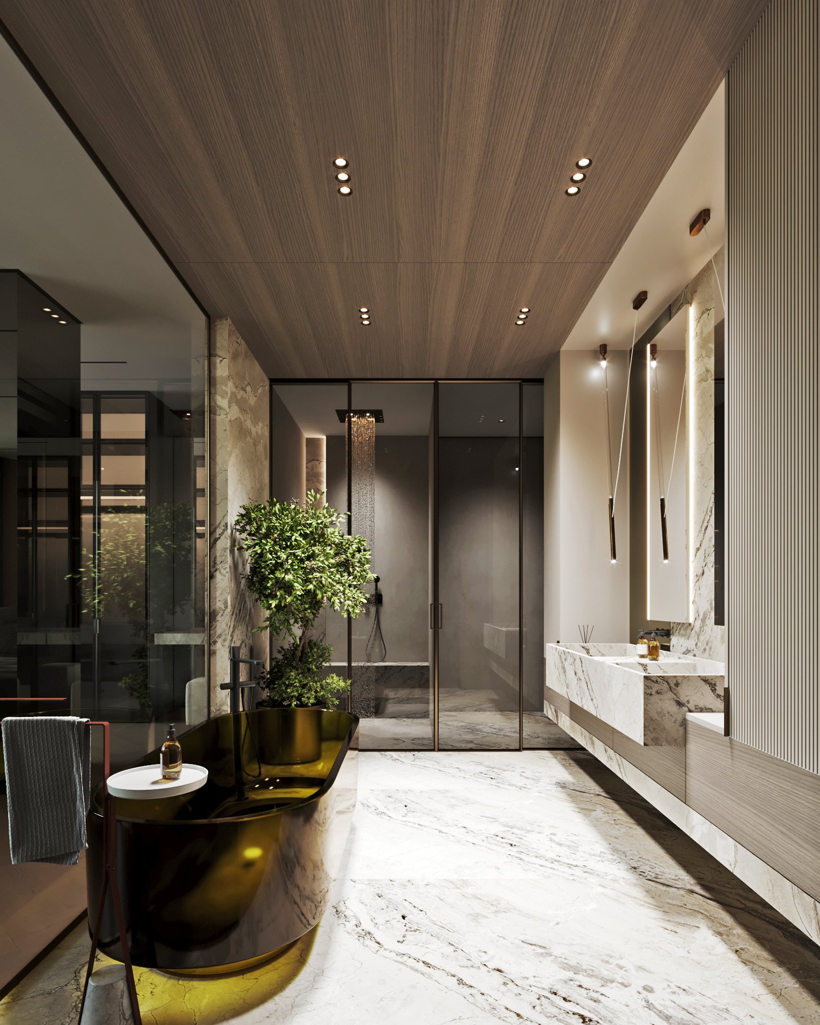 Master bathroom featuring glass shower enclosure, marble walls, and custom brass lighting fixtures.