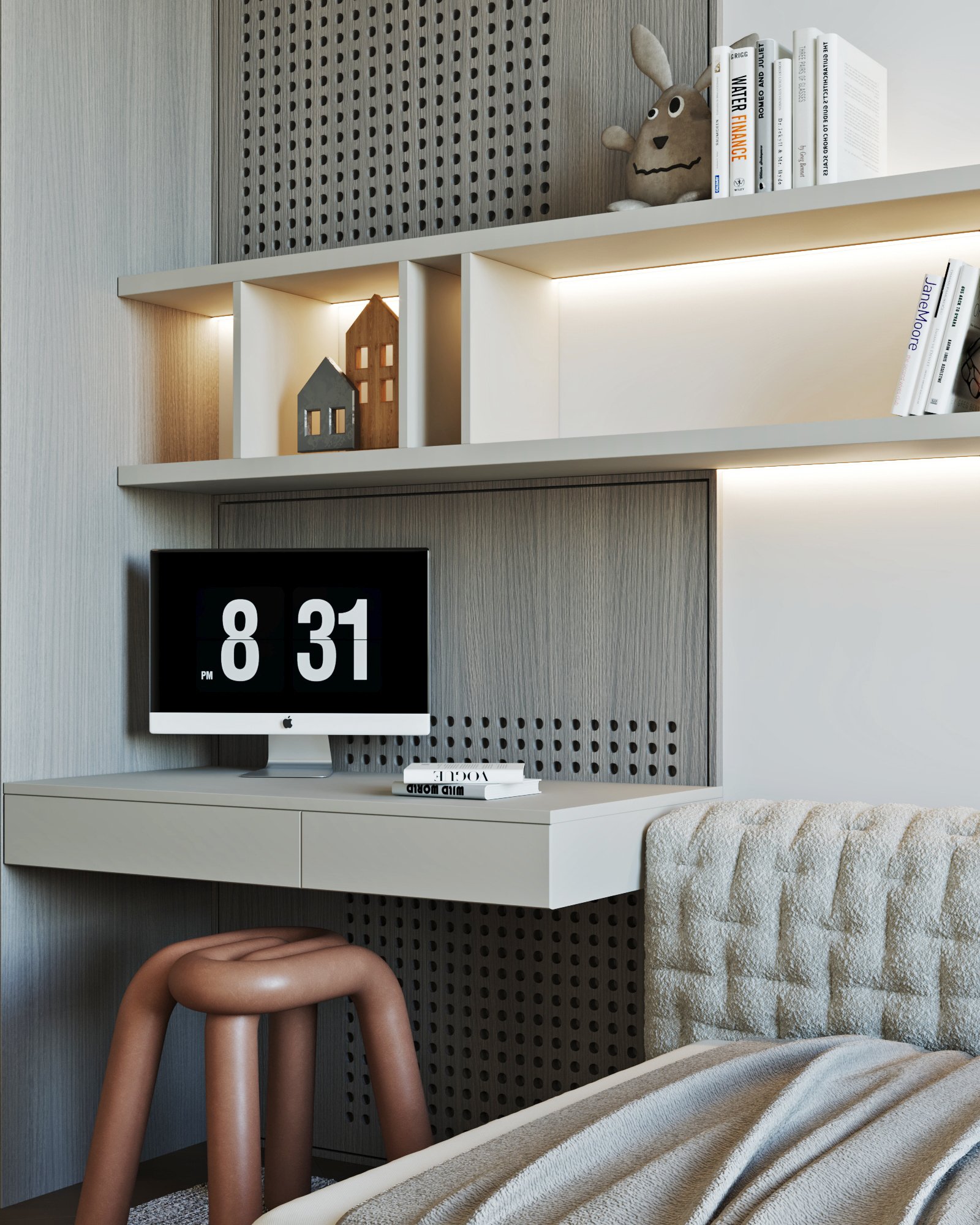 Detail of children's study area featuring built-in desk, decorative shelving with house models, and plush toy accents.