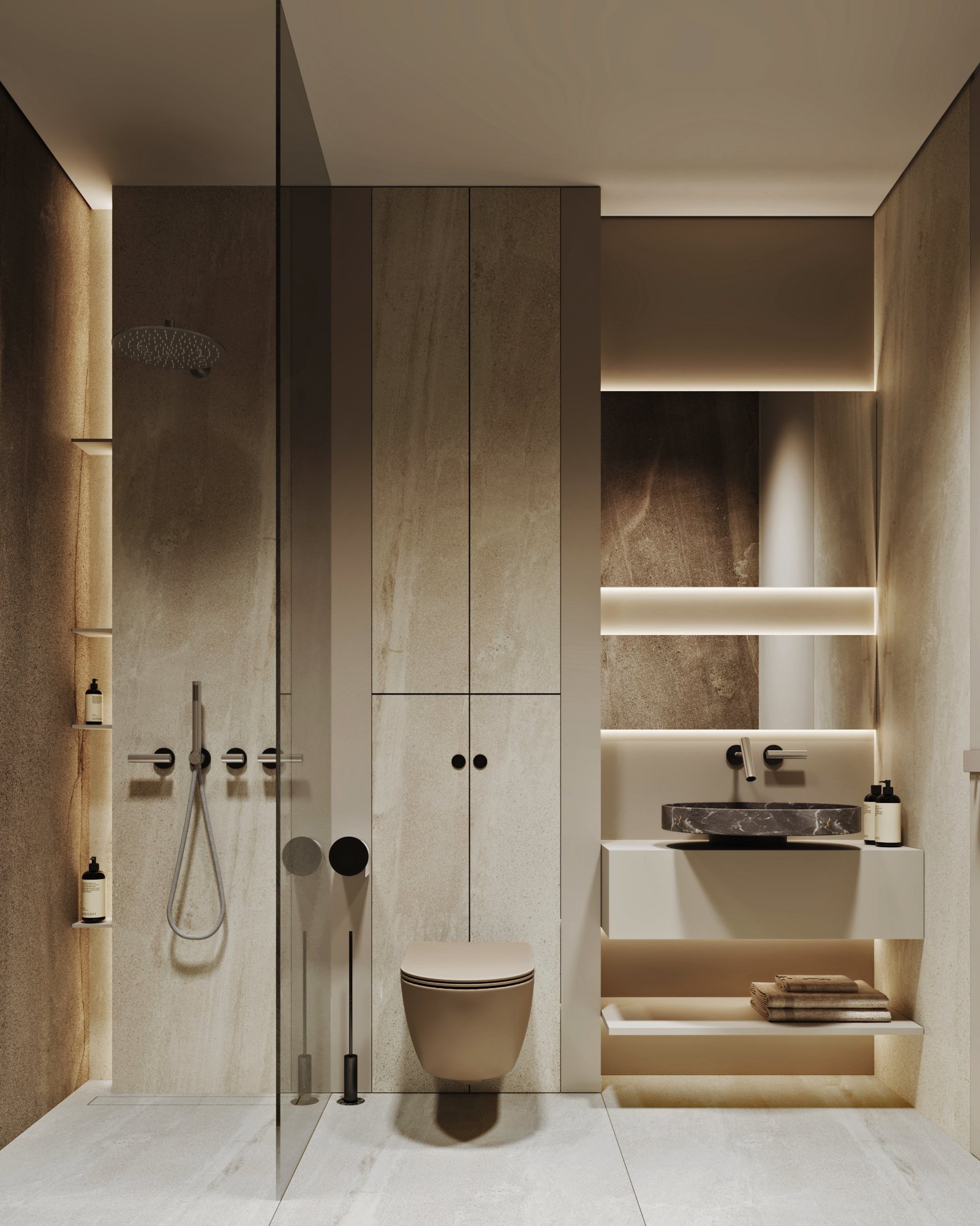 Modern guest bathroom with integrated shower, wall-mounted toilet, and floating vanity with black marble basin.