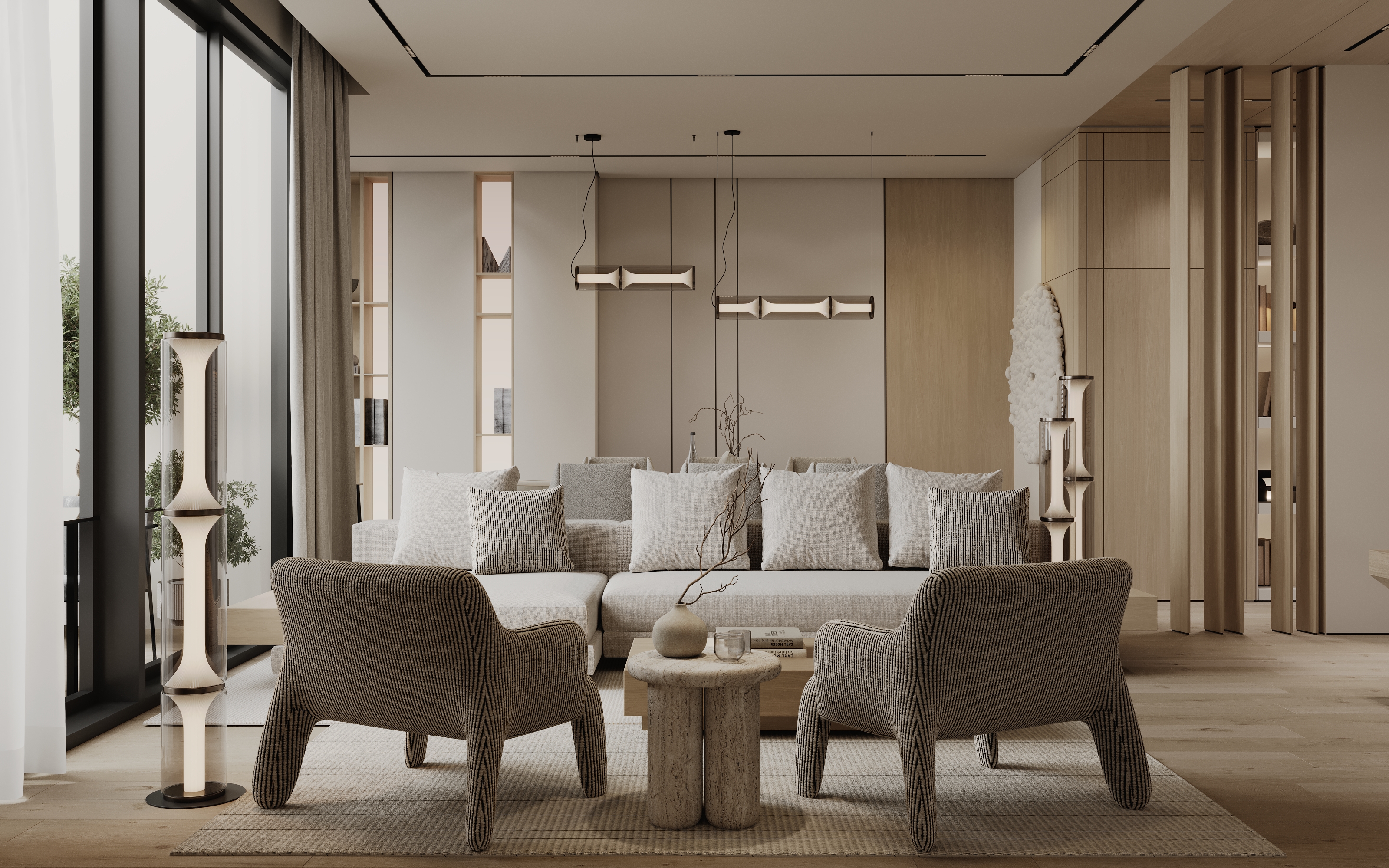 Contemporary living room featuring a white sectional sofa, textured armchairs, and sculptural floor lamps with natural light.
