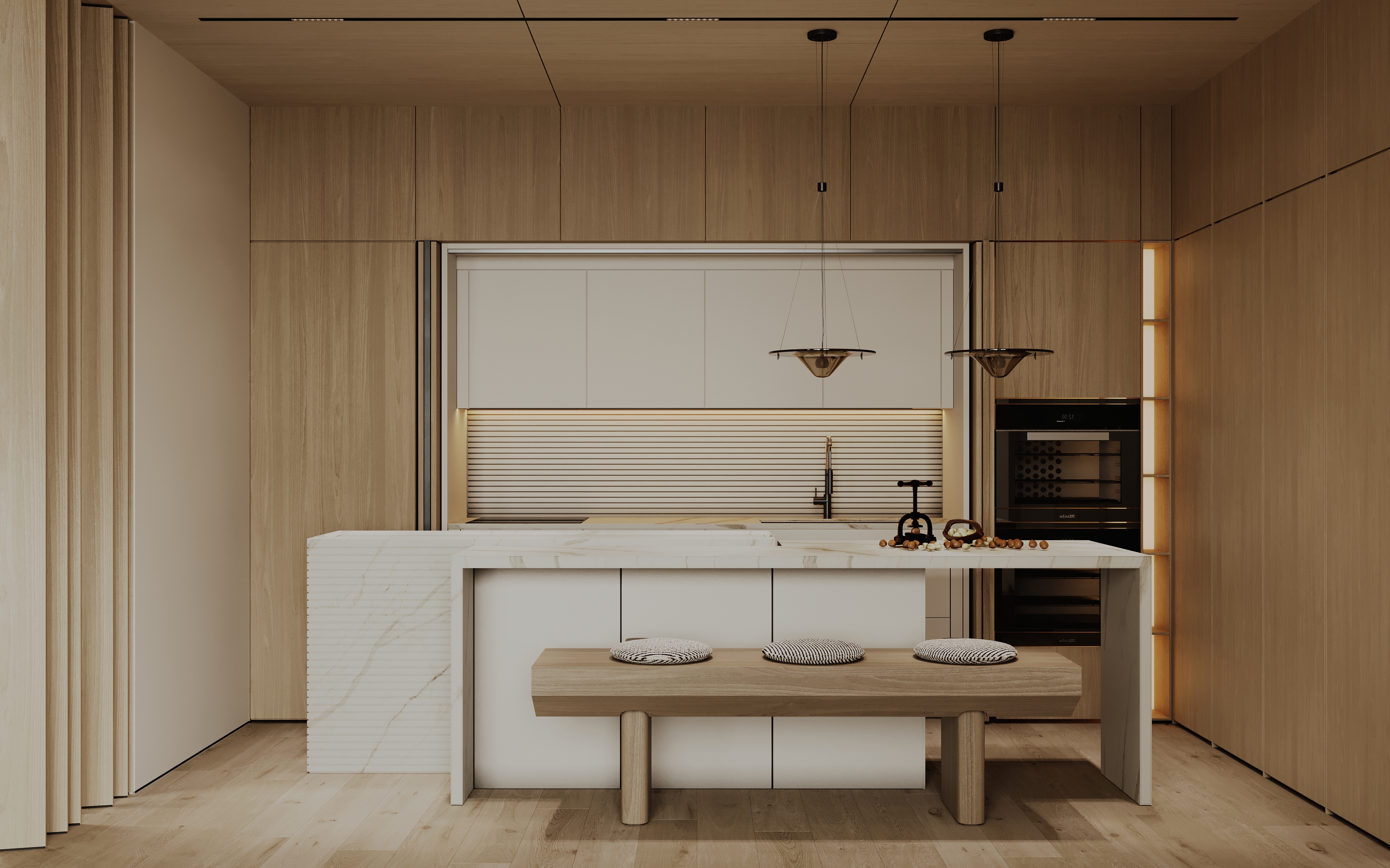 Minimalist kitchen featuring white marble countertop, wooden cabinetry, and integrated appliances with custom seating.