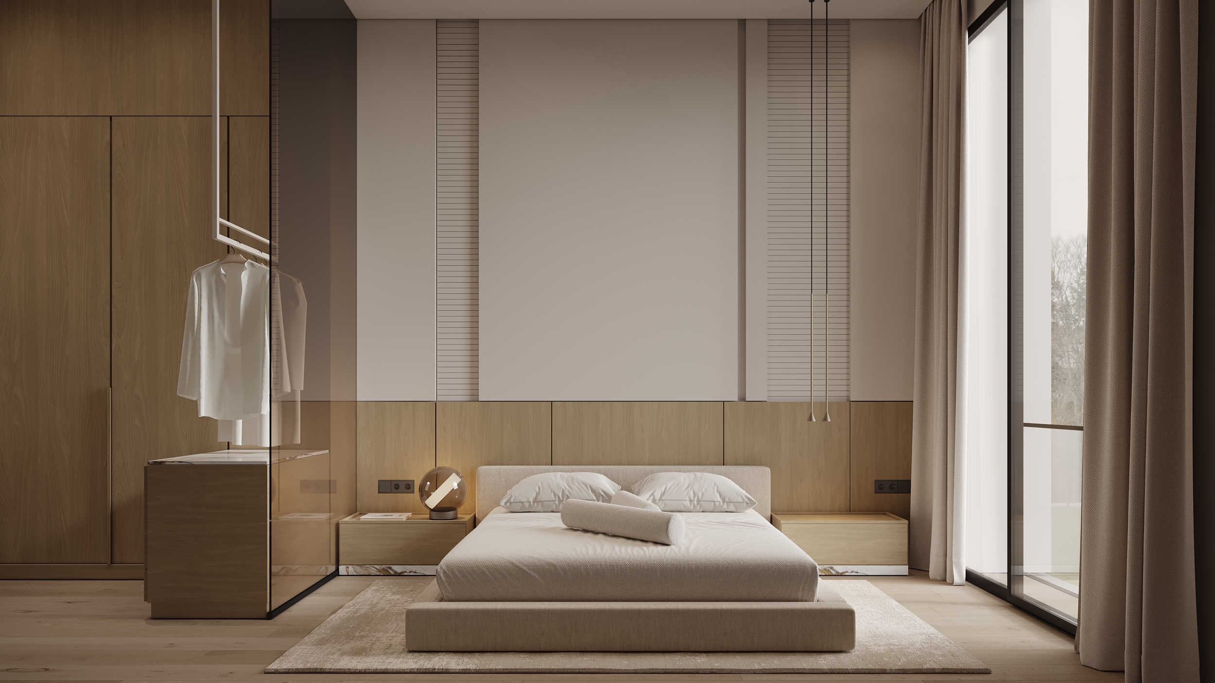 Serene master bedroom with platform bed, floor-to-ceiling windows, and pendant lighting.