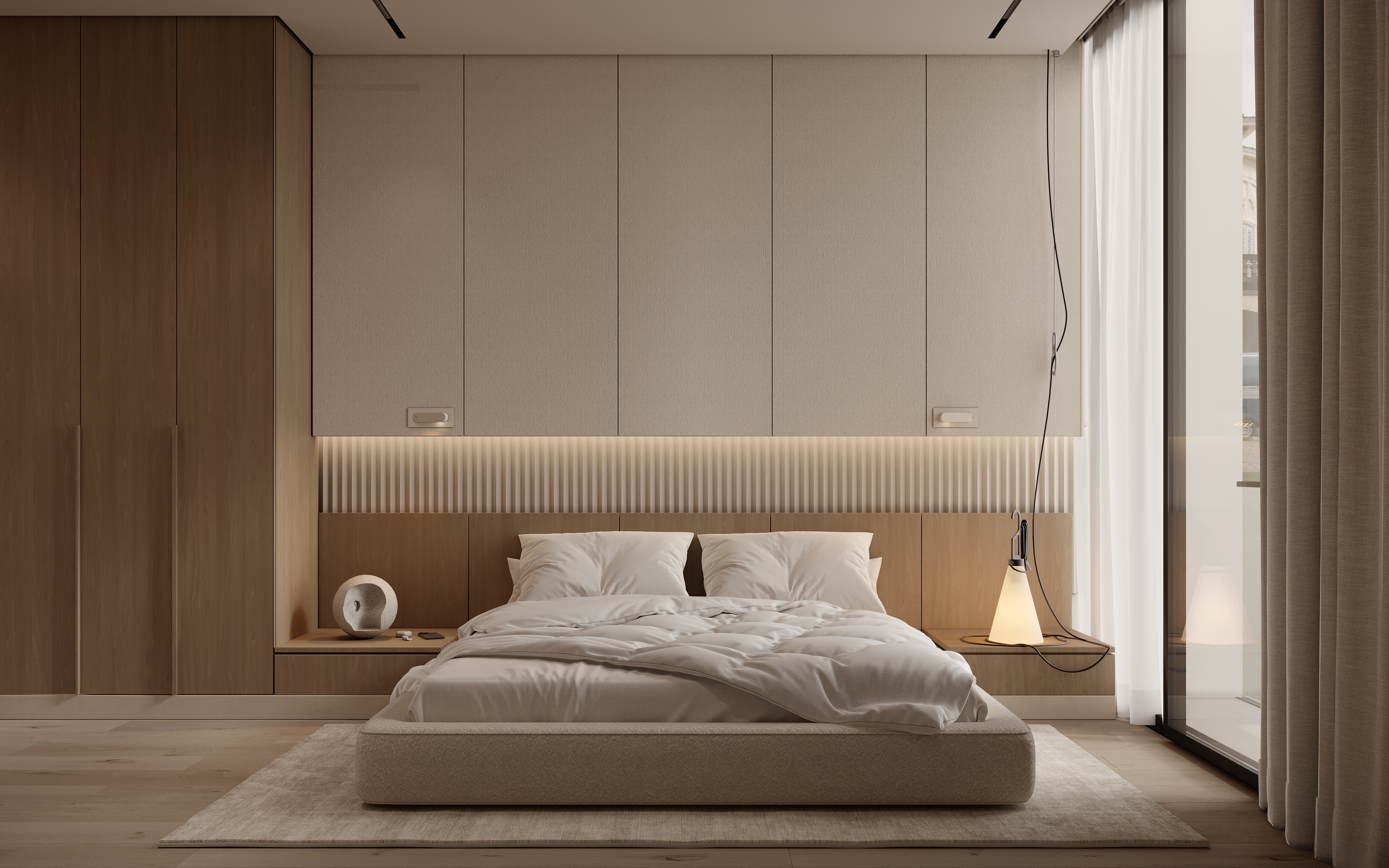 Master bedroom with integrated wooden wall panels, platform bed, and floor-to-ceiling windows with sheer curtains.