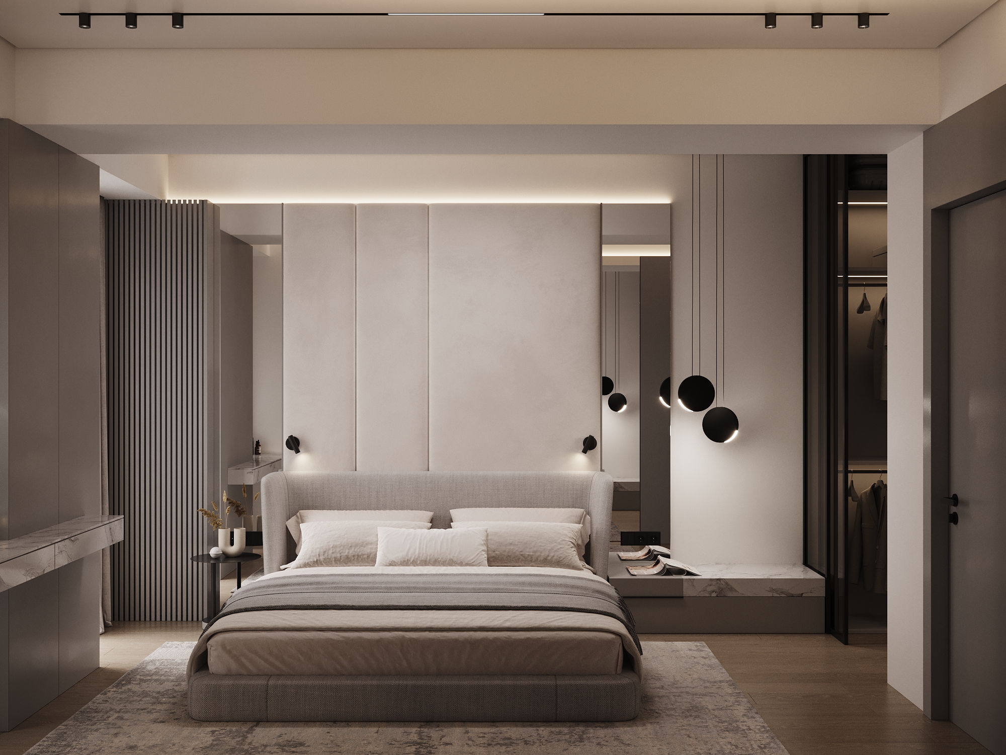 Modern master bedroom with upholstered bed, geometric pendant lights, and built-in wardrobe.